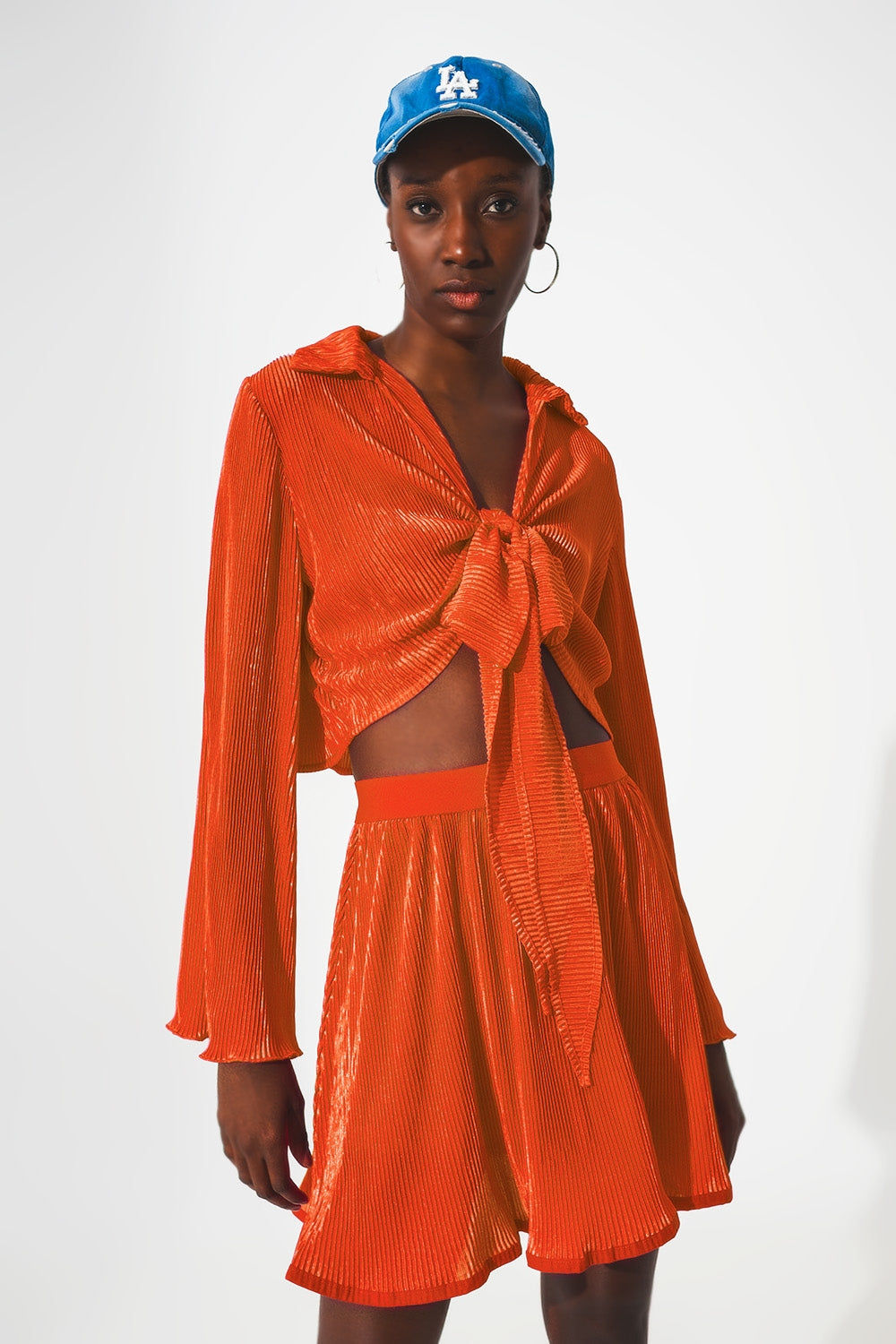 Tie Front Pleated Crop Trendy Top in Orange