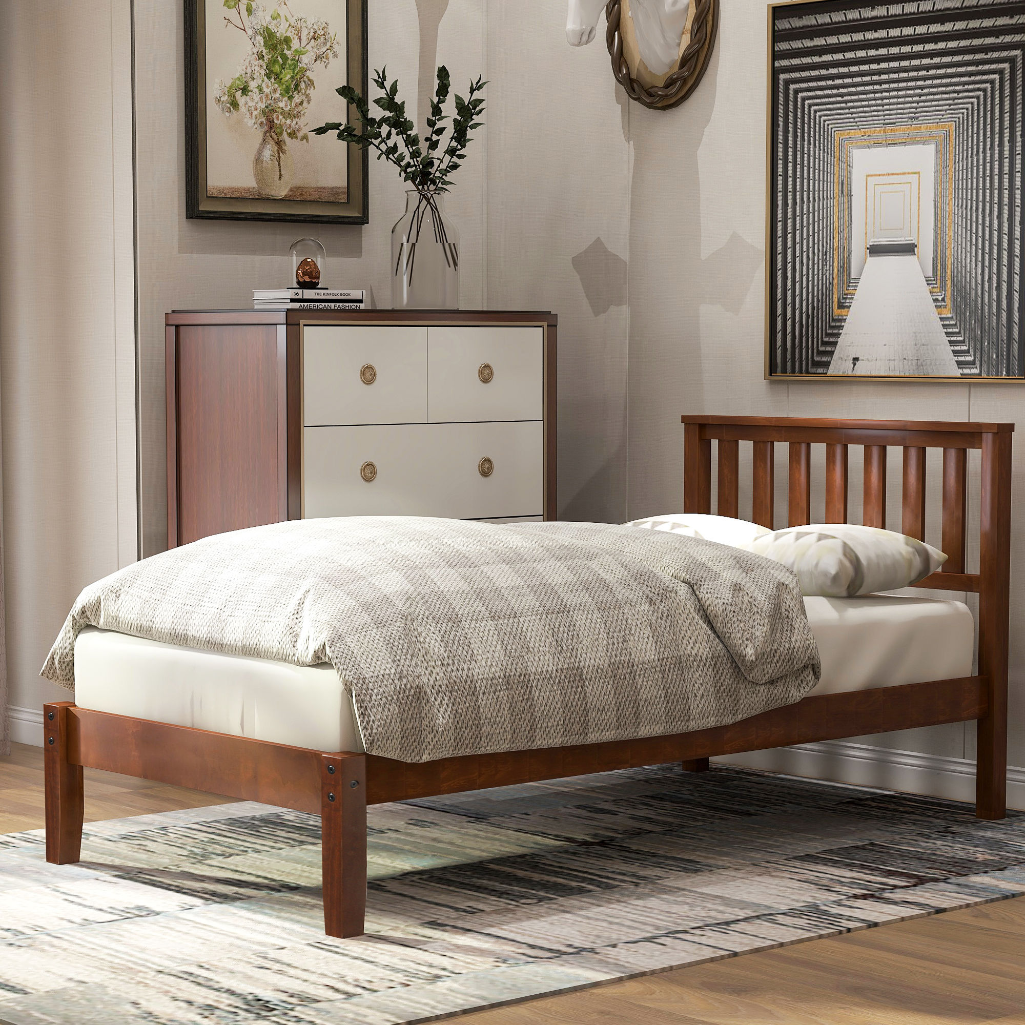 Wood Platform Bed with Headboard/Wood Slat SupportTwin (Walnut)