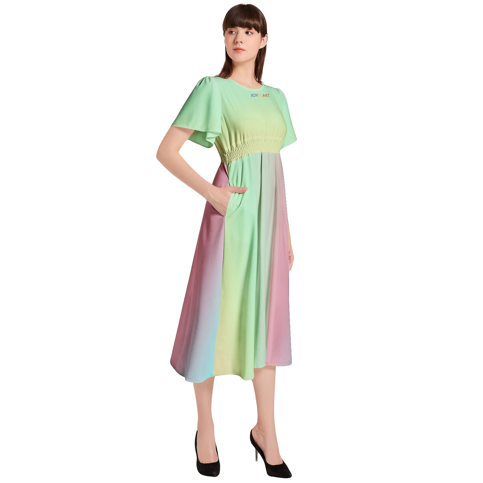 JOYbyART Short Sleeve Shirred Waist Midi Dress - Healthy rainbow