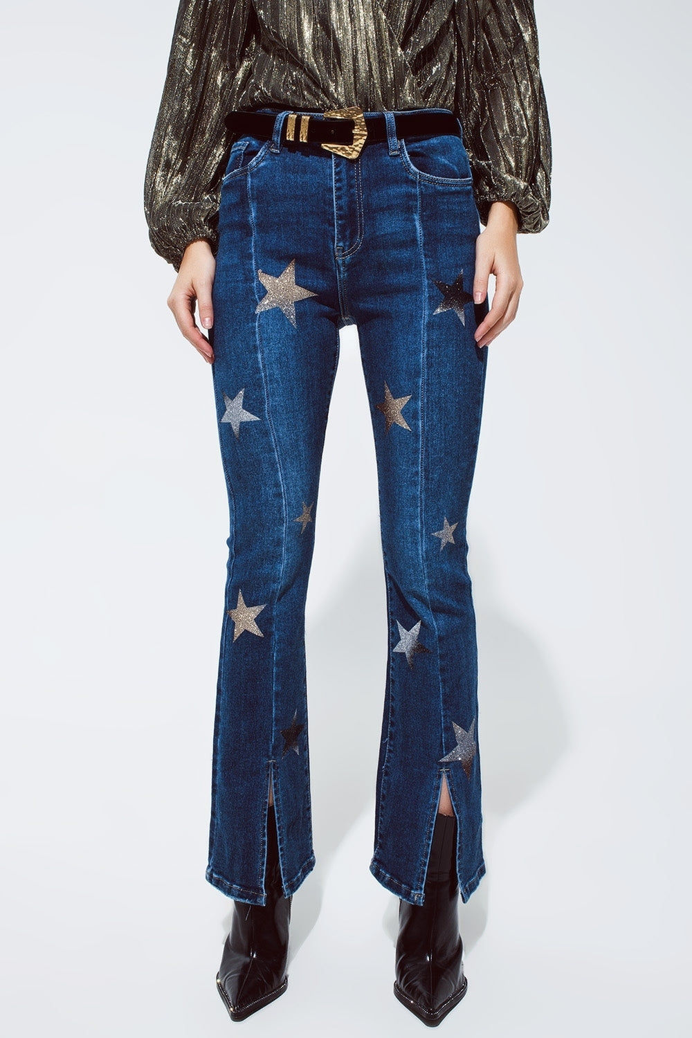 Flared Trendy Jeans With Shiny Stars Detail in Blue