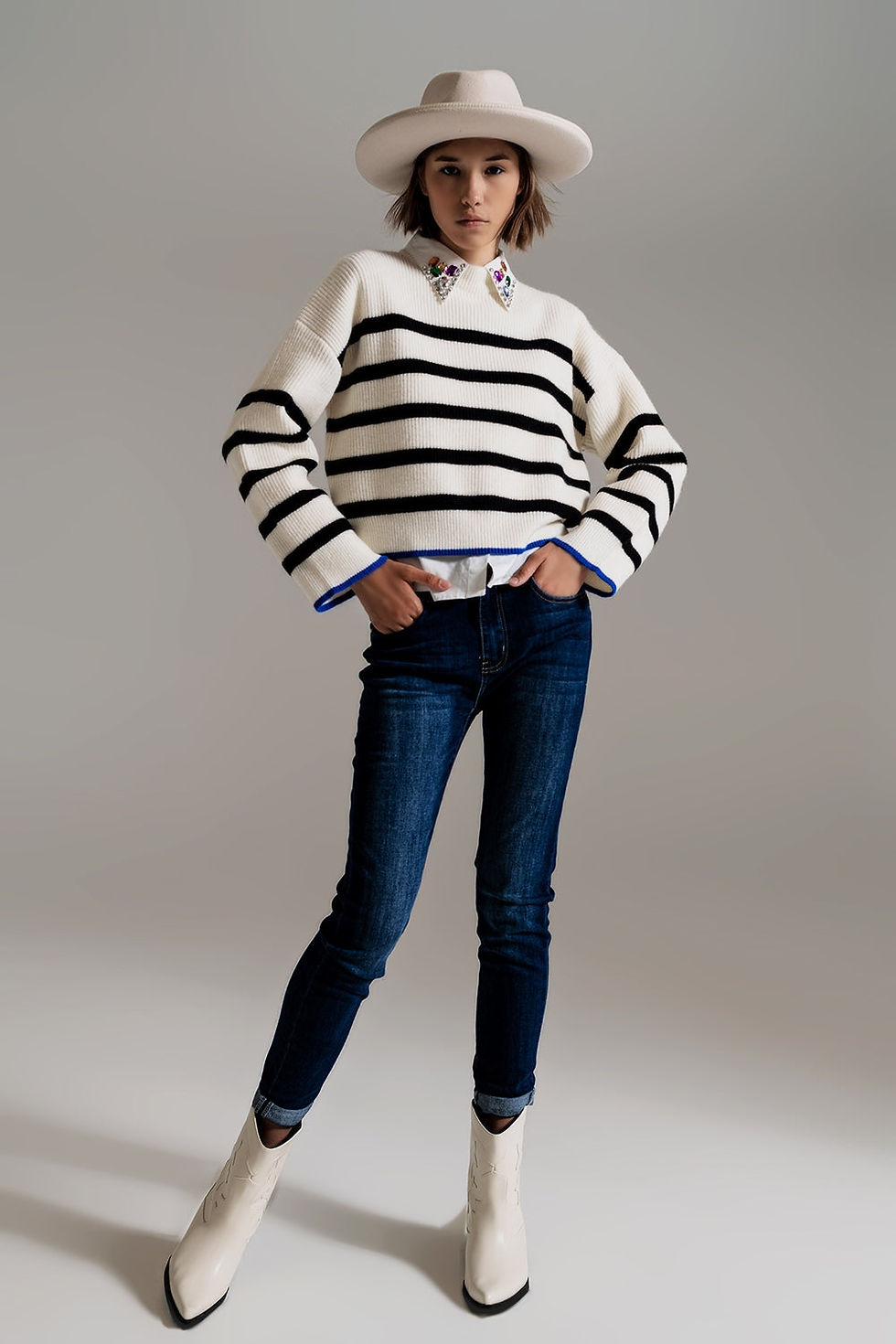 Thumbnail: Black Striped Jumper With Blue Stripe Detail on the Bottom