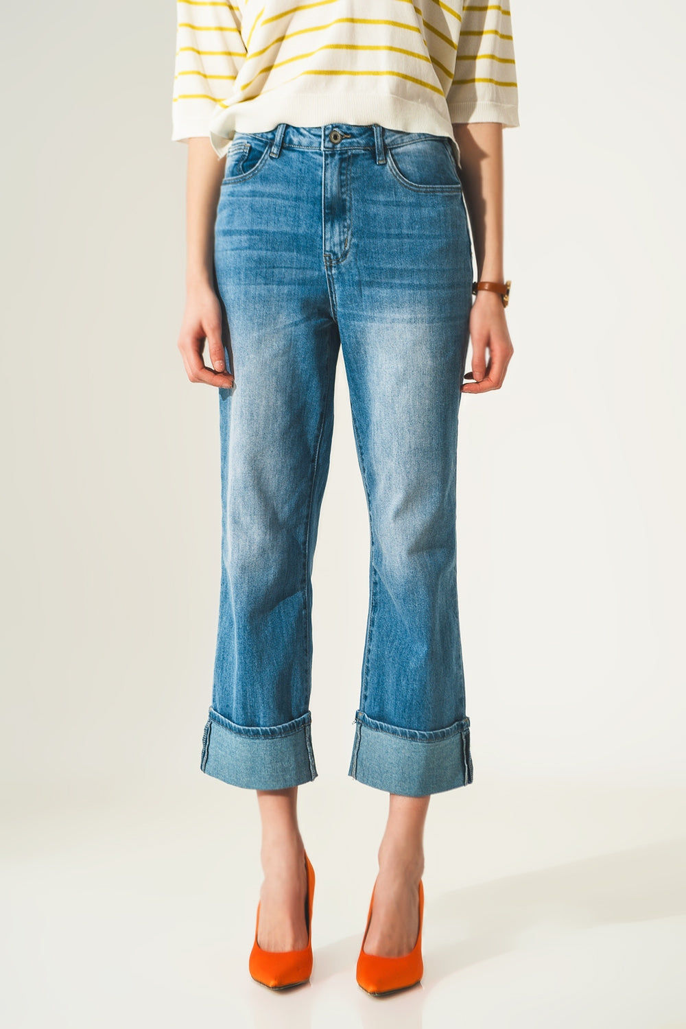 Roll Hem Trendy Jeans in Mid Blue