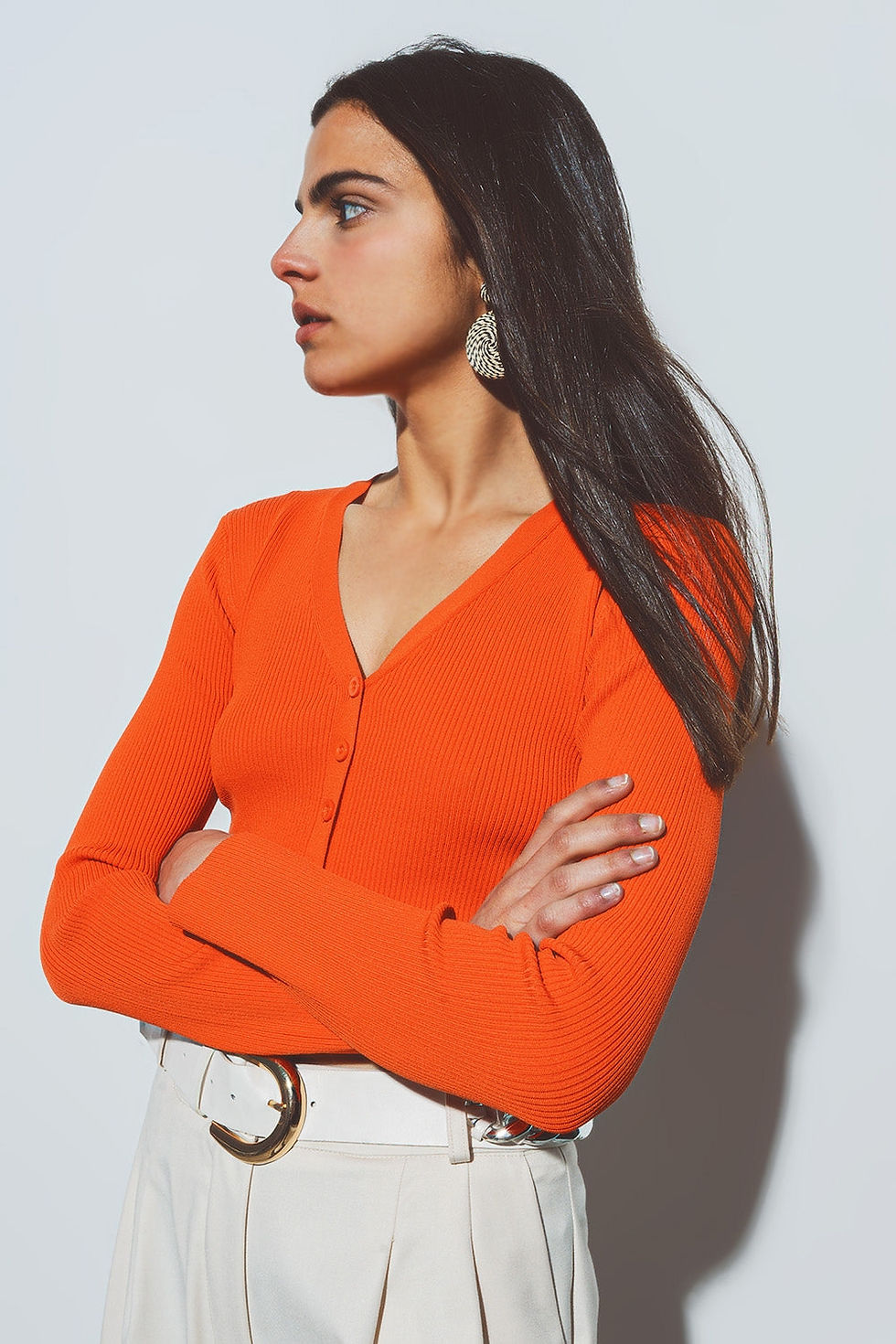 Miniature : Short Ribbed Trendy Cardigan in Orange