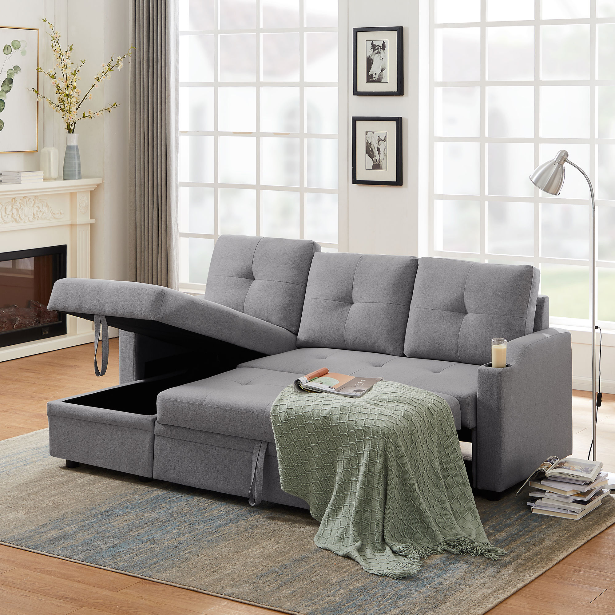 81& Sleeper Sofa Bed Reversible Sectional Couch with Storage Chaise and Two Cup