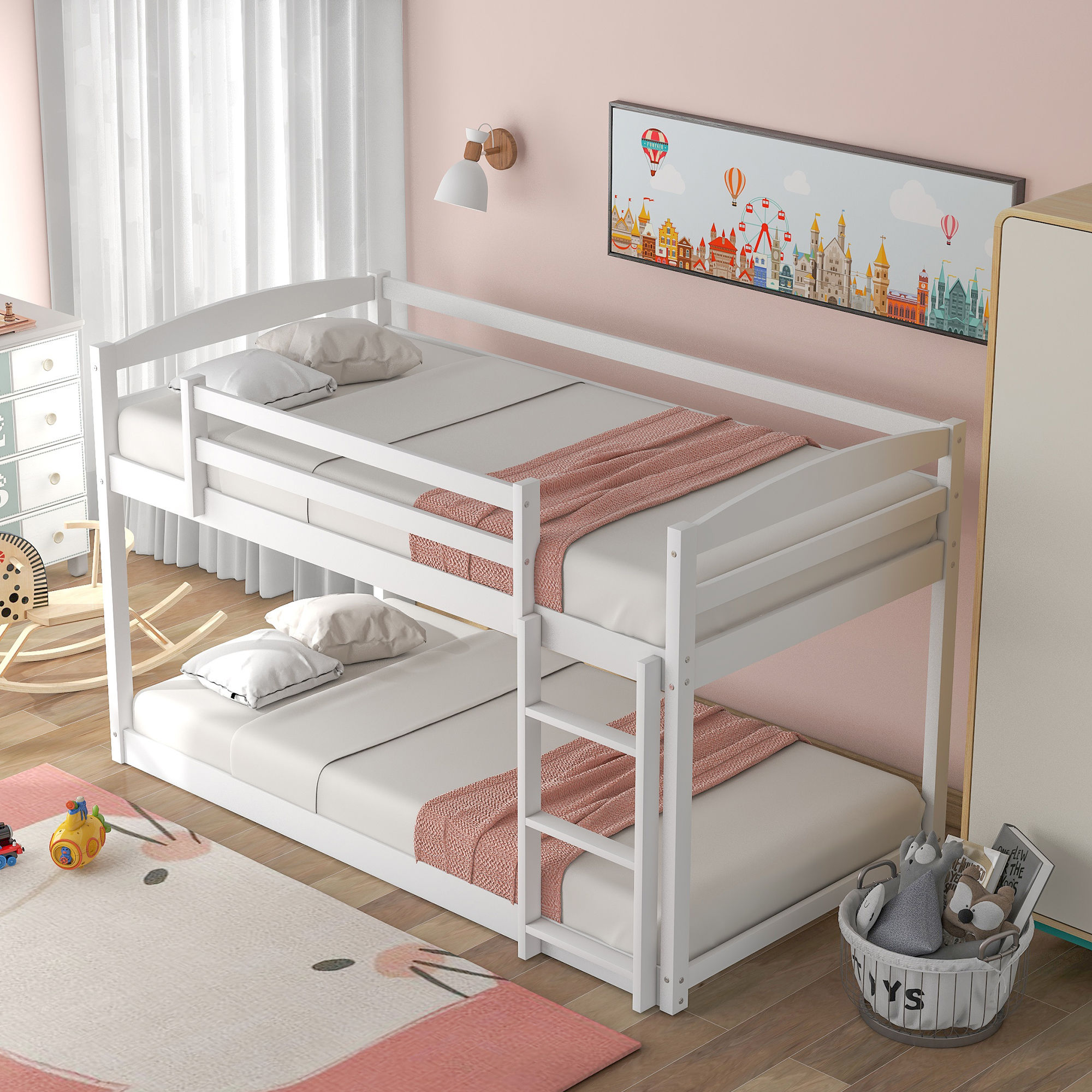 Twin Over Twin Floor Bunk Bed with Ladder , White