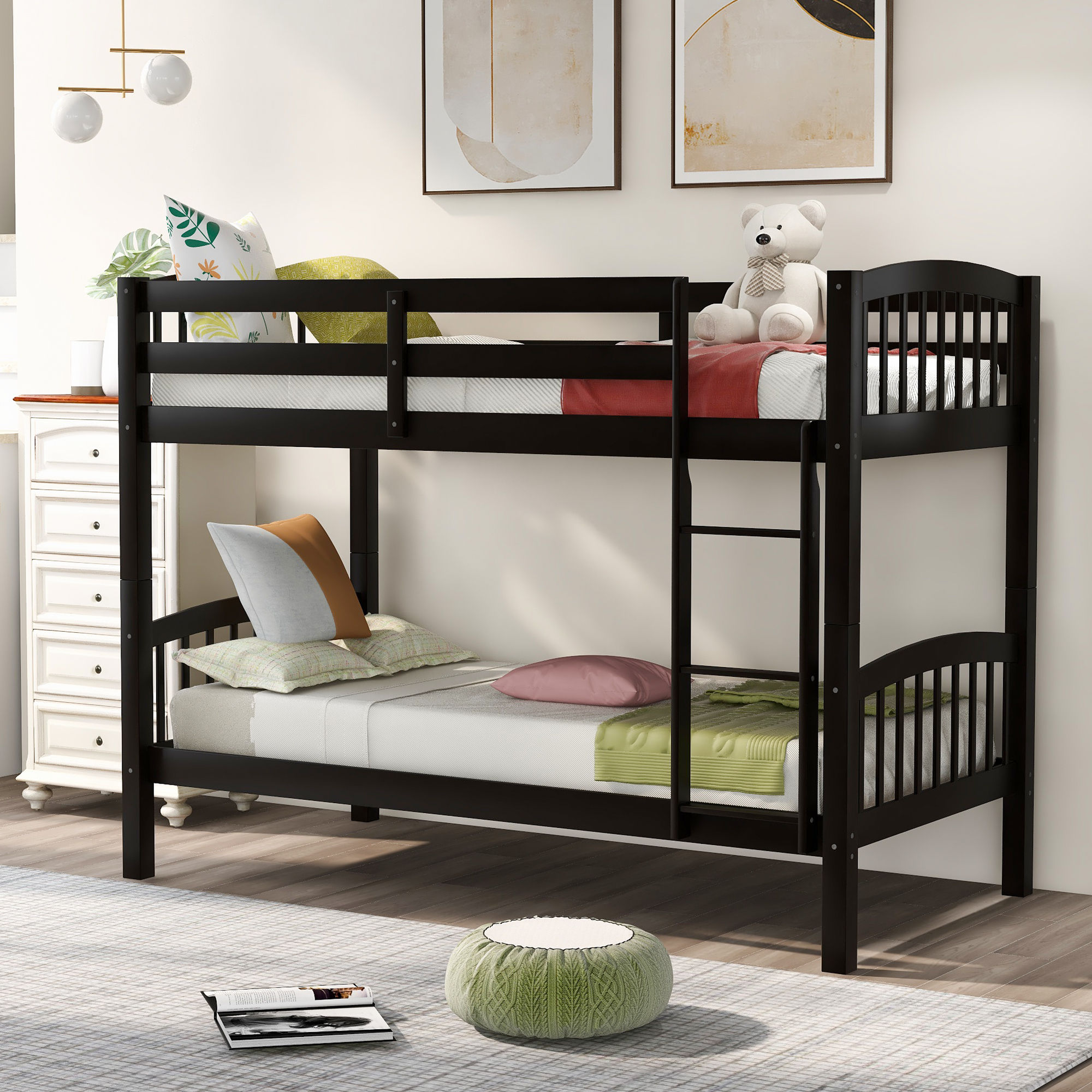 Solid Wood Twin Over Twin Bunk Bed with Ladder (Espresso)