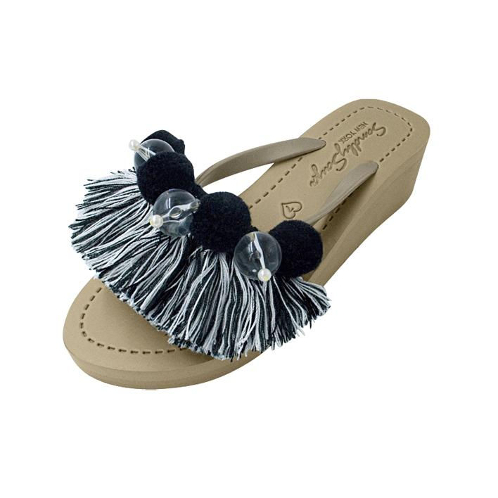 Thumbnail: ♀️ Black Pom Pom Tassel - Women's Mid Wedge