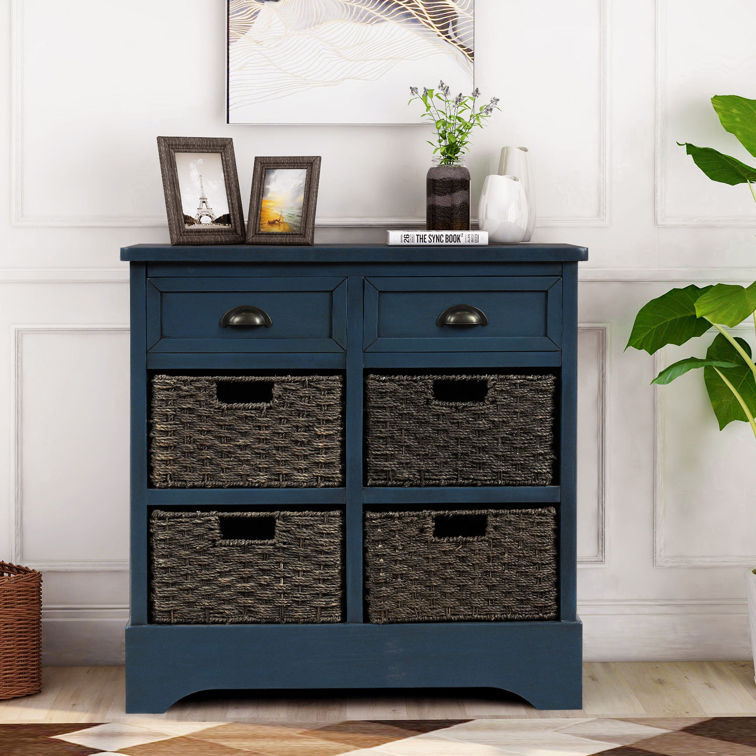 Rustic Storage Cabinet with Two Drawers and Four Classic Rattan Basket for Kit