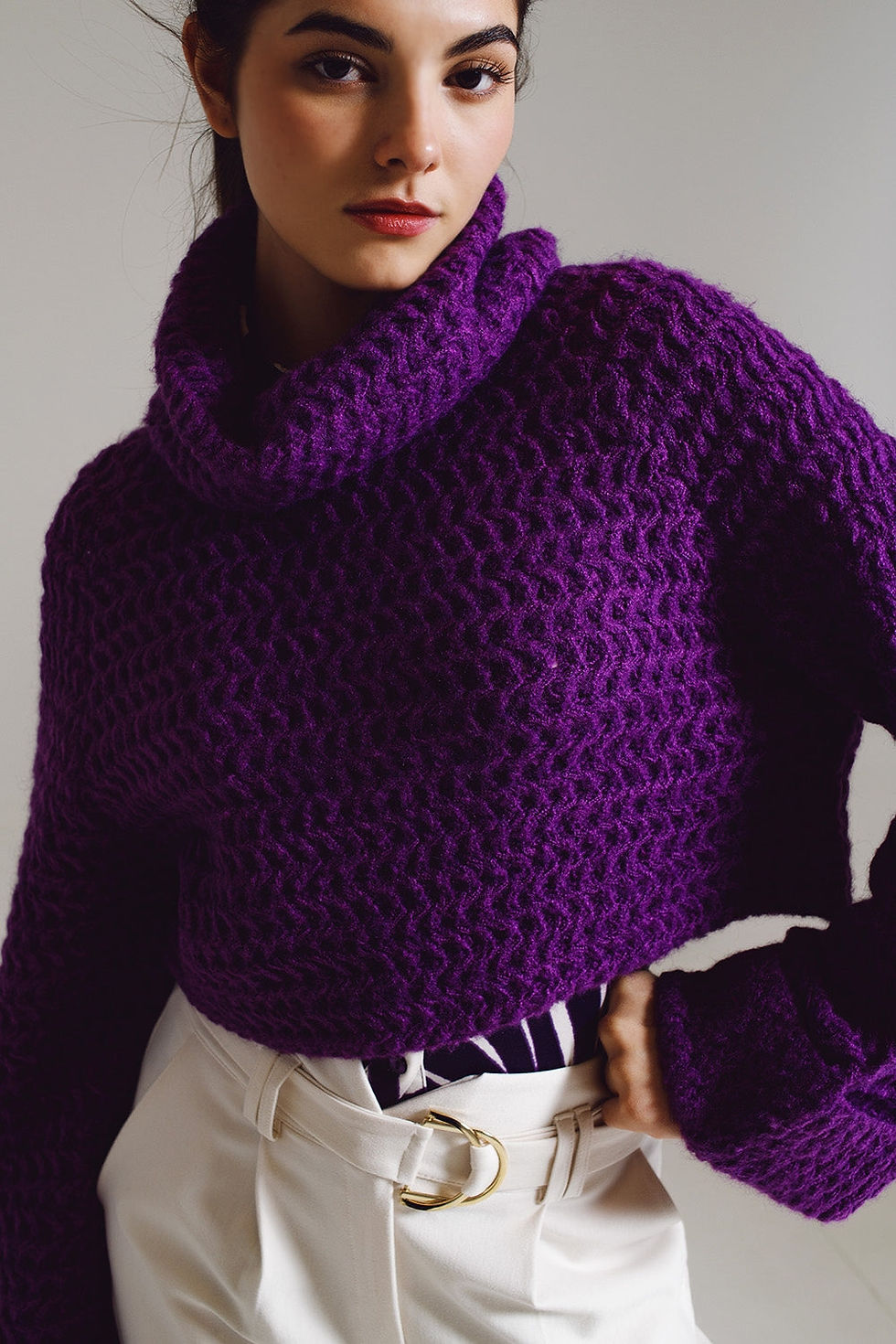 Thumbnail: ♀️ Waffle Knit Trendy Jumper with Turtleneck & Rolled Cuffs in Purple
