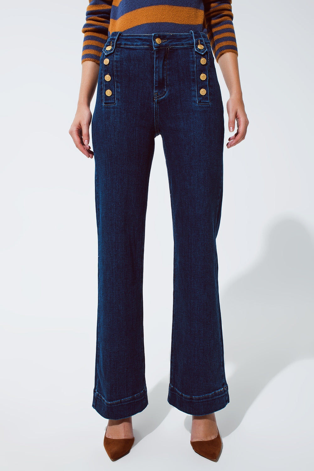 👖 Marine Flare Trendy Jeans - Button Detailing in Mid Wash