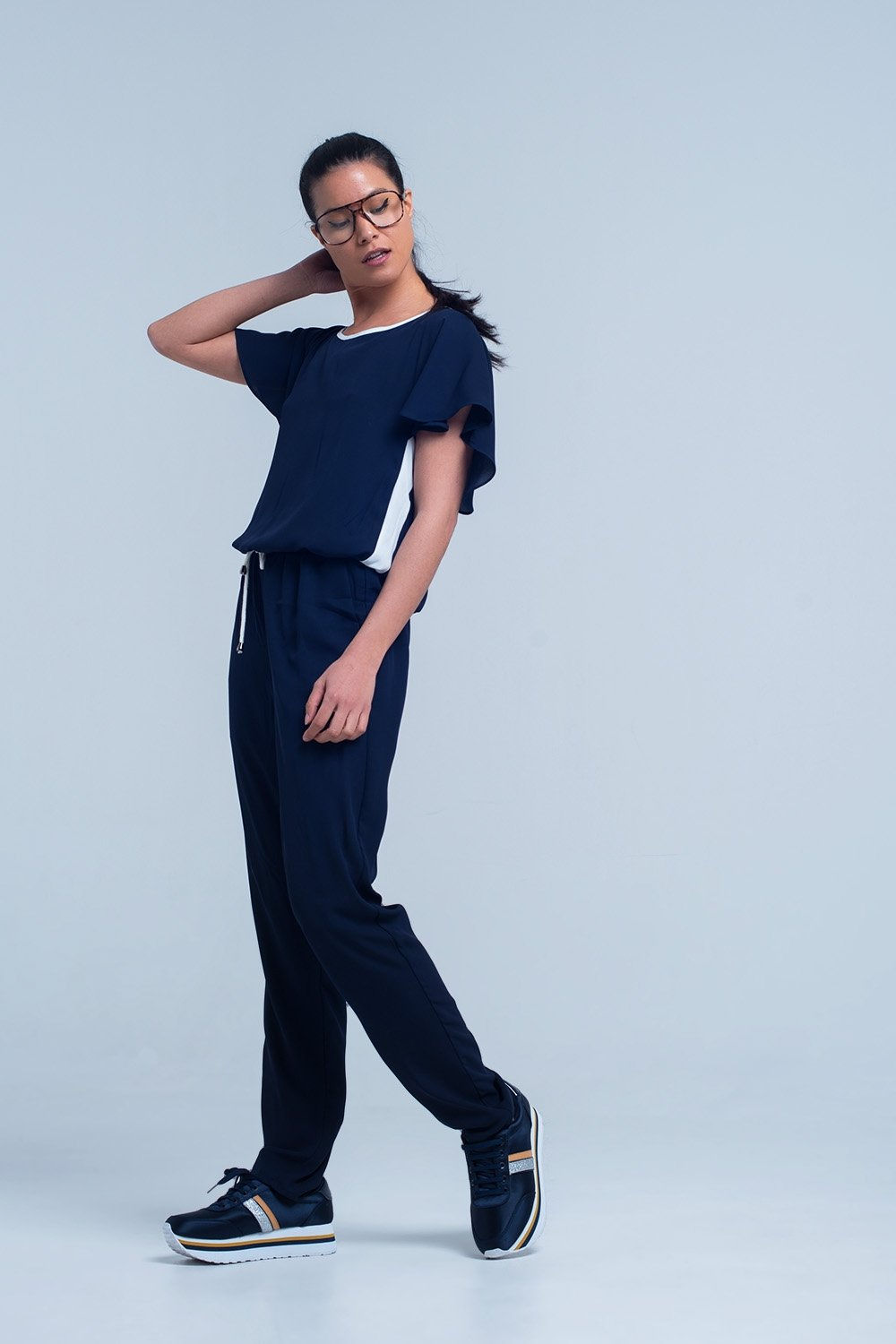 Trendy Dress: Navy Blue Jumpsuit With Short Sleeve and Ruffle Detail
