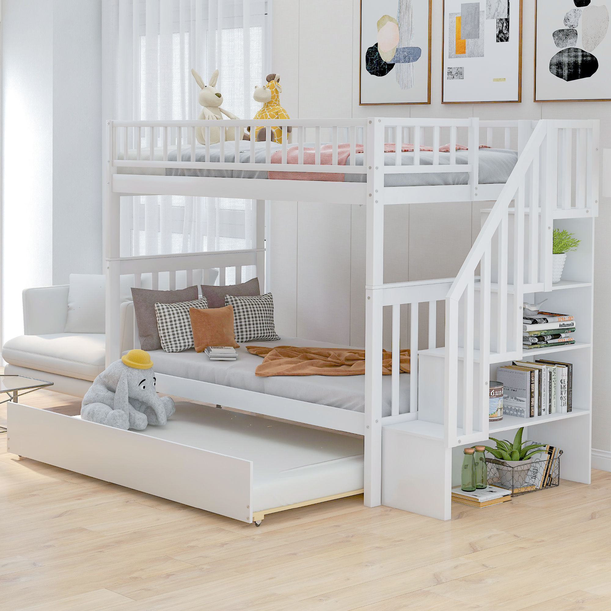 Twin over twin bunk bed with trundle and storage, white(original SM000104AAK)