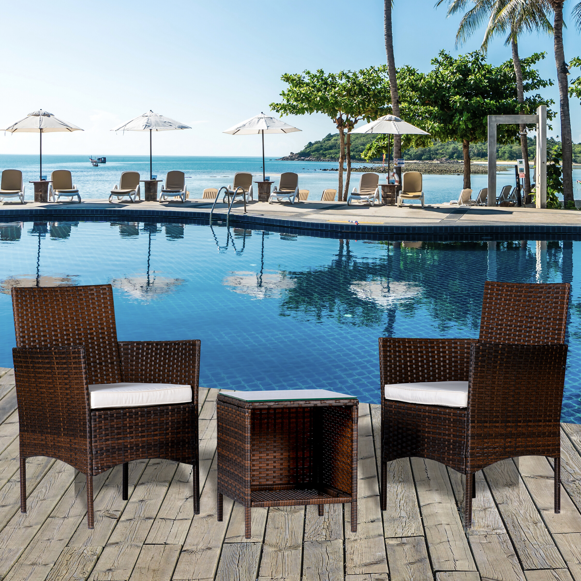 Bistro Wicker Set Outdoor Rattan 3 Pieces Set Modern Table PE Brown Rattan And B