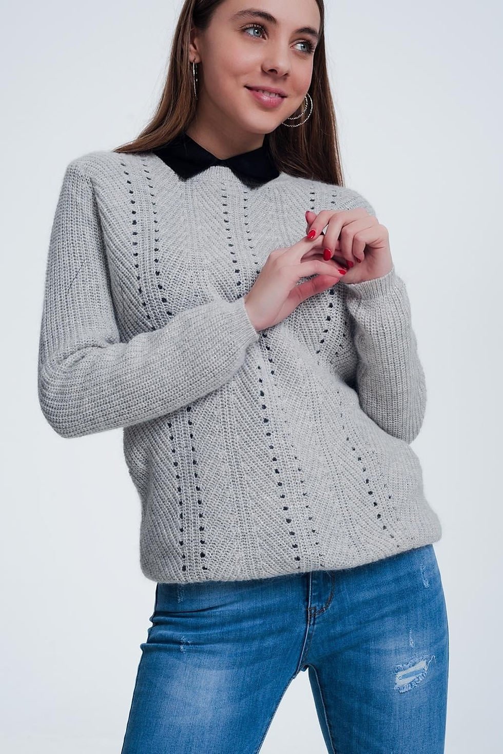 थंबनेल: Gray Trendy Sweater With Knitted Stripe Detail