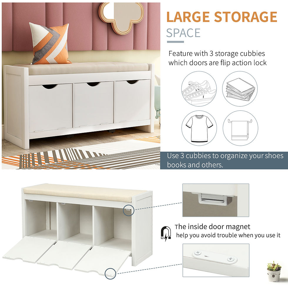 Miniaturbild:  Storage Bench with Removale Cushion and 3 Flip Lock Storage Cubbies for Living 