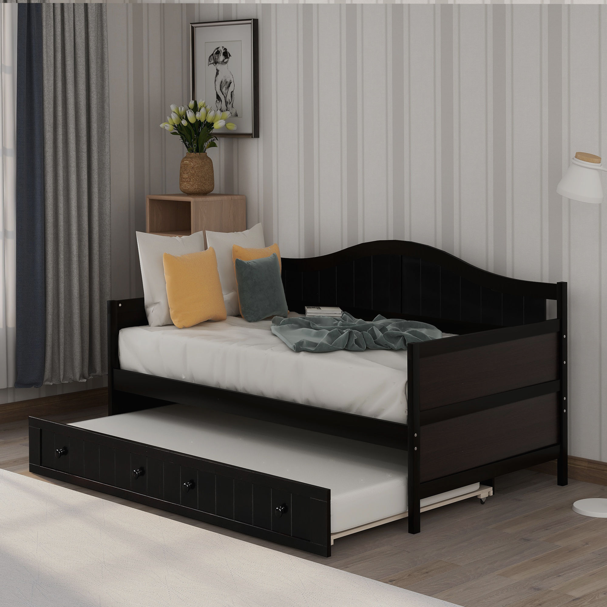 Twin Wooden Daybed with Trundle Bed,Sofa Bed for Bedroom Living Room, Espresso