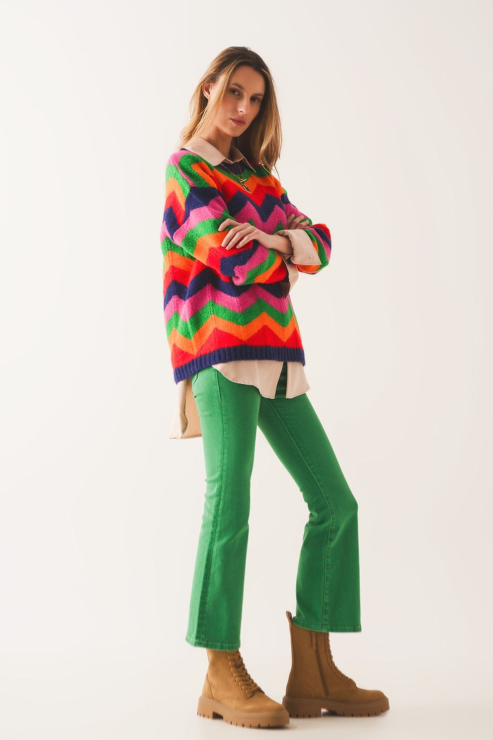 Миниатюра: Crew Neck Striped Knit Trendy Sweater in Multi