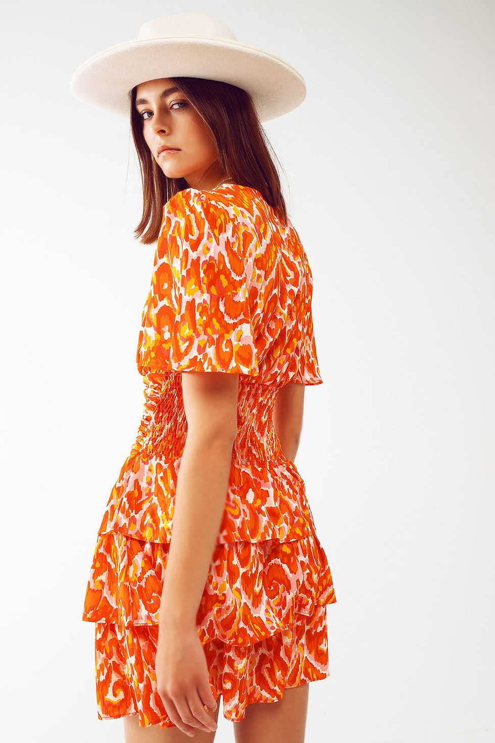 Thumbnail: Mini v Neck Dress in Floral Orange Print