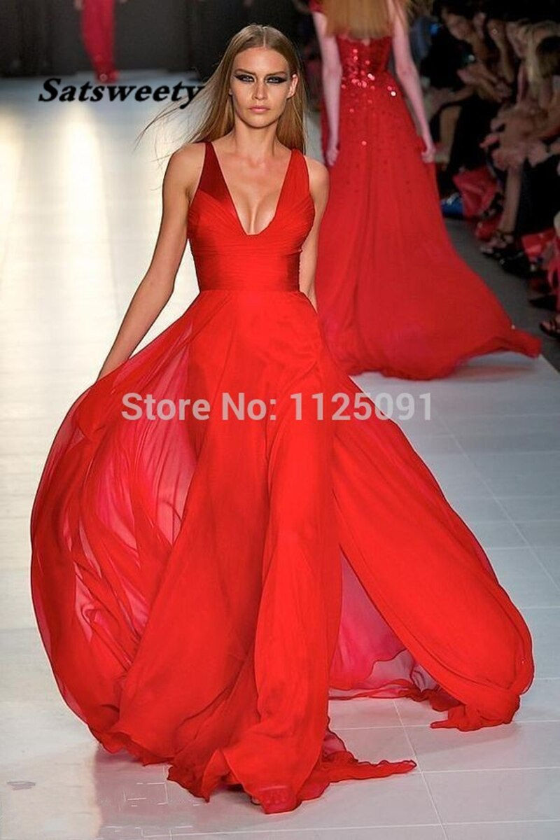 Thumbnail: W.2.1  Deep v Neck Pleat Floor Length Long Red Chiffon Sexy Celebrity Dress