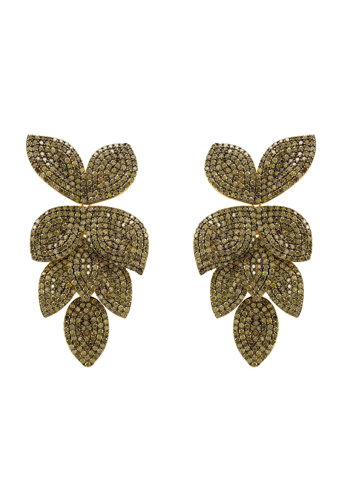 Petal Cascading Flower Earrings, Gold Peridot Cz