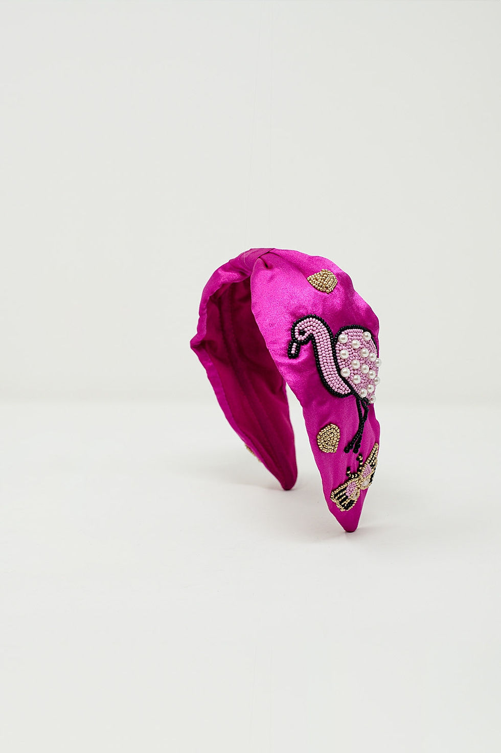Thumbnail: Fuchsia Satin Trendy Headband With Embroidered Flamigos