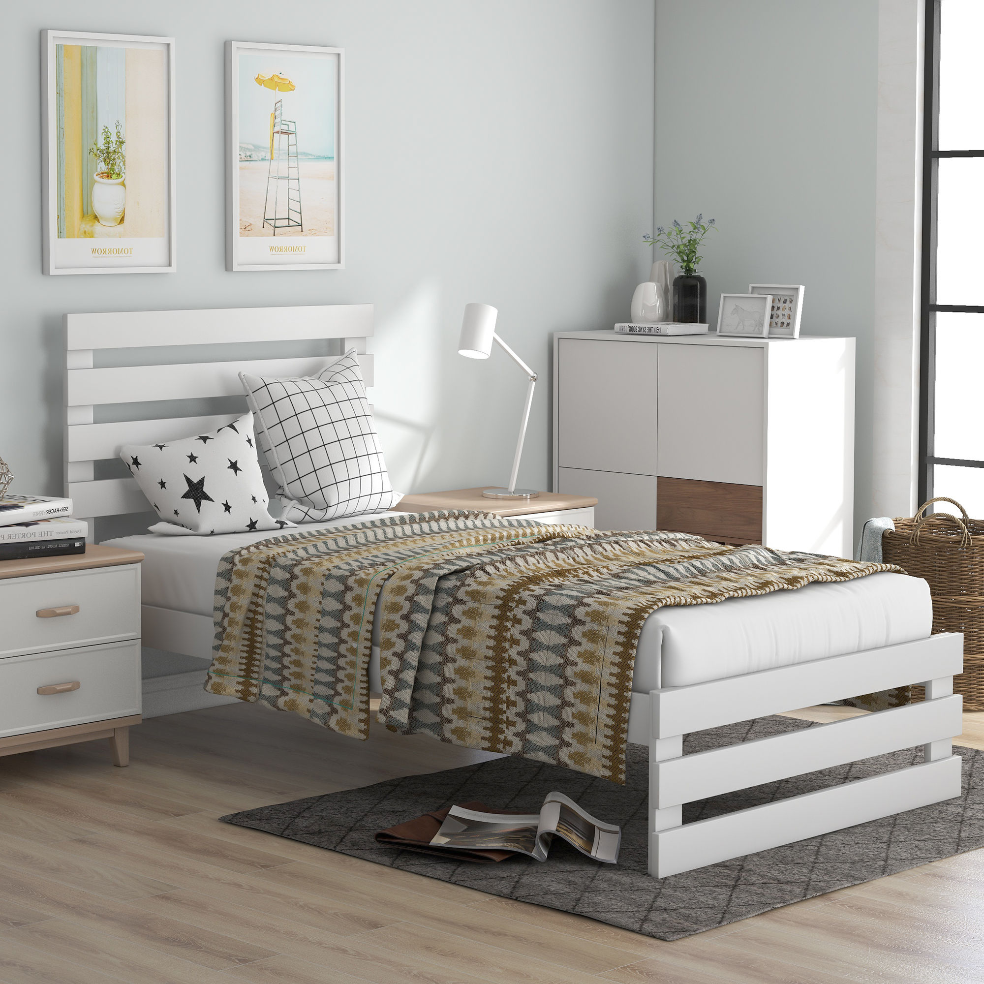 Twin Size Platform Bed with Headboard and Footboard, White(Expected to arrive on