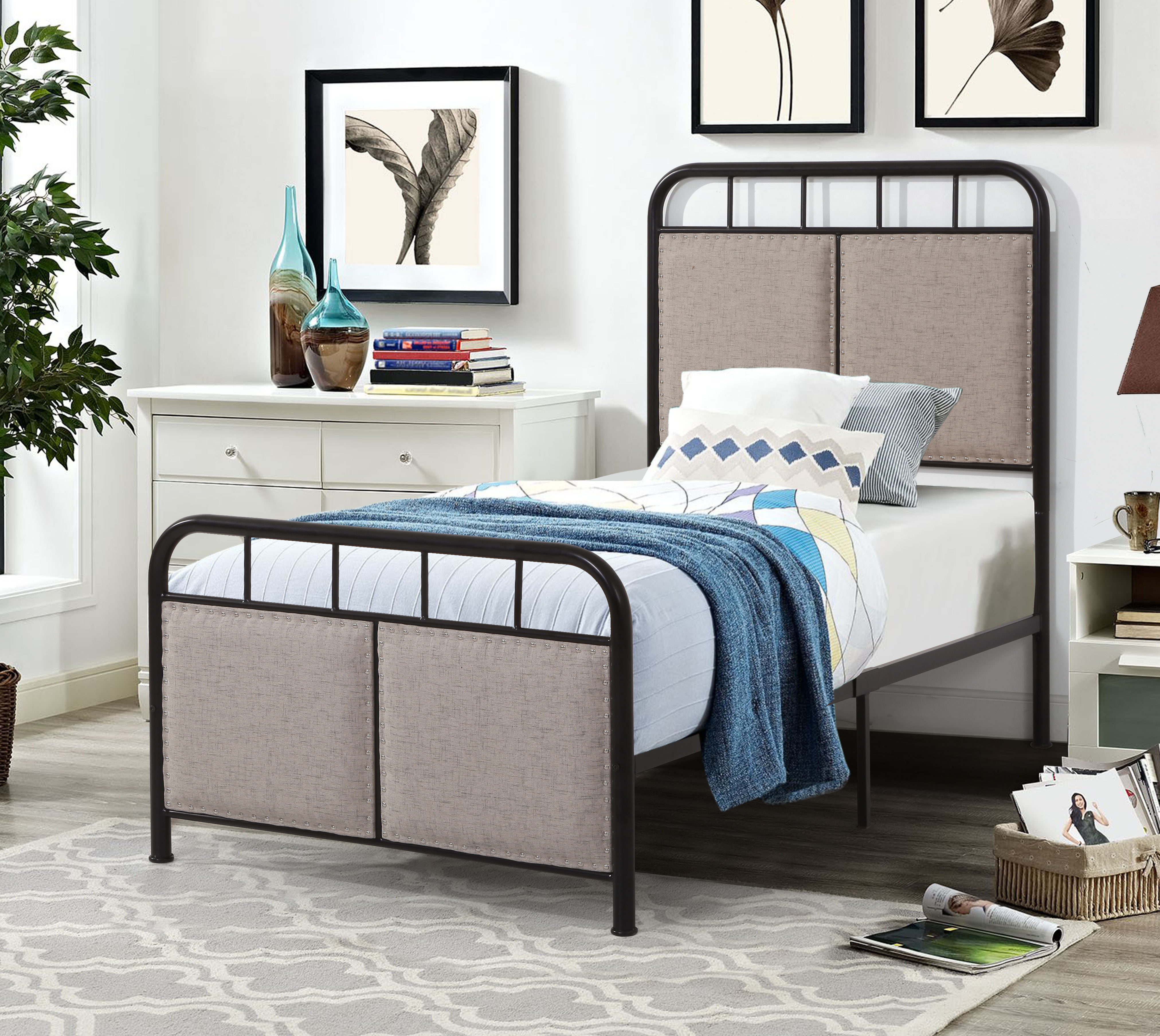 Twin Size Linen Upholstered Platform Metal Bed Frame with  fabric Headboard and 