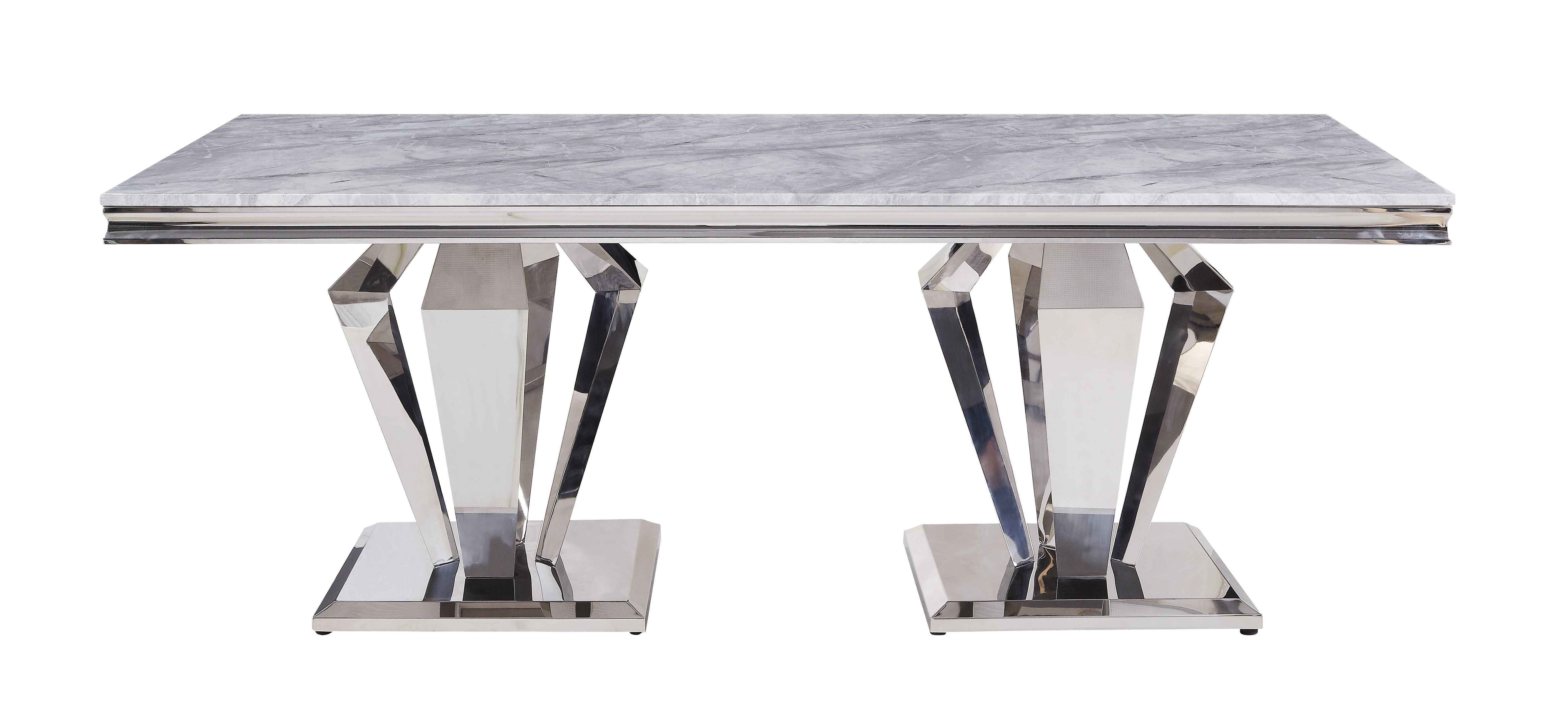 Satinka Dining Table, Light Gray Printed Faux Marble & Mirrored Silver Finish 6