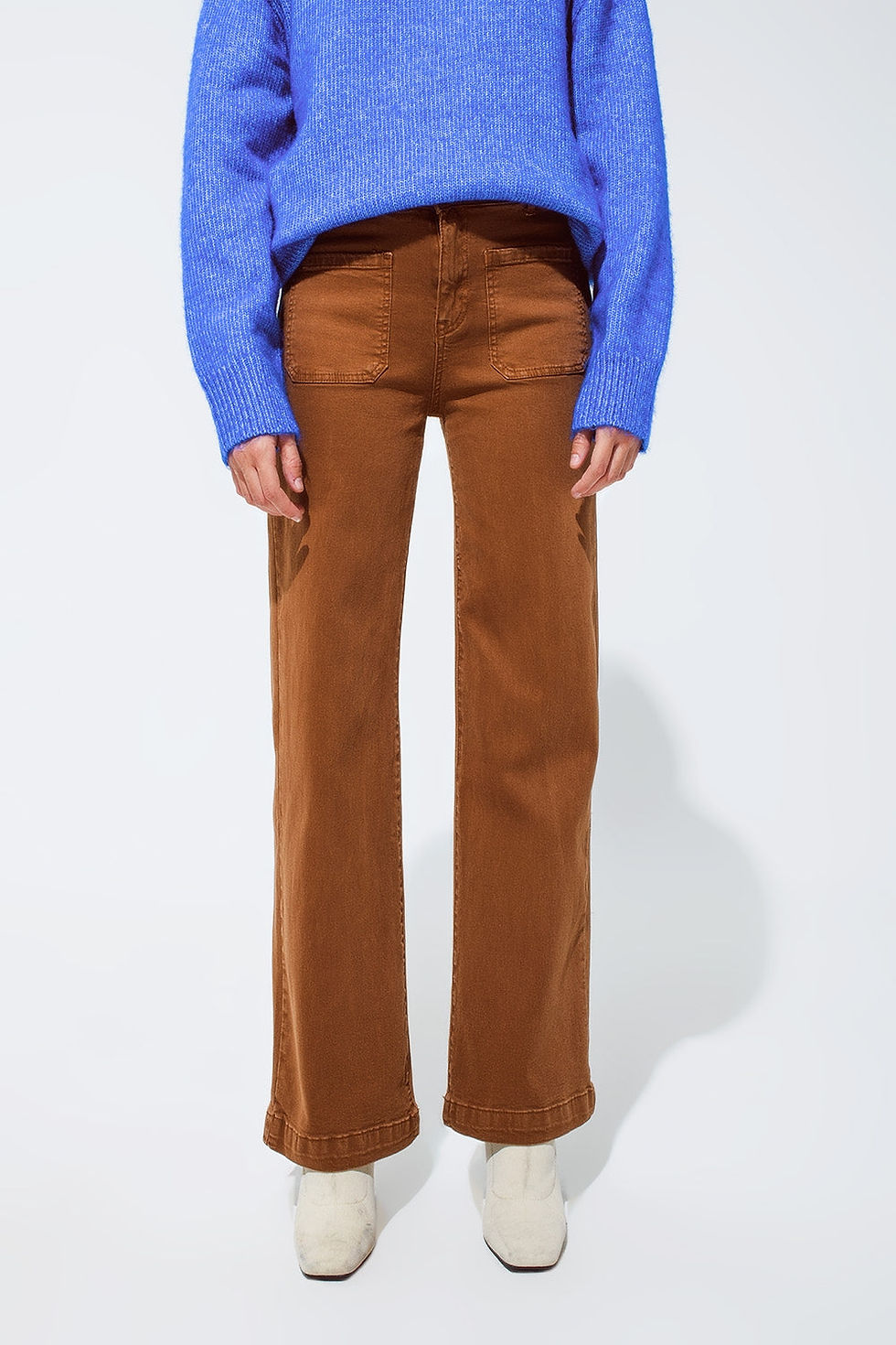 Thumbnail: High Waisted Front Pockets Flare Trendy Jeans in Camel