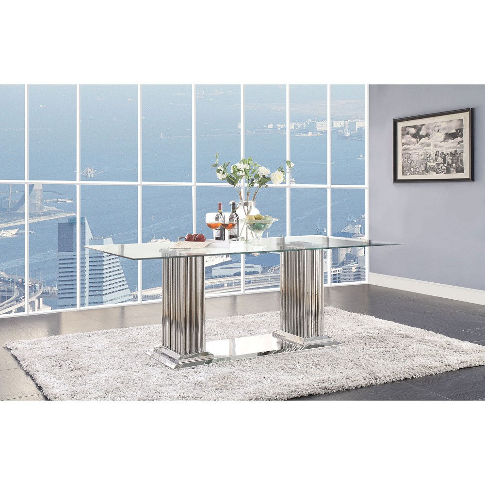 Cyrene Dining Table in Stainless Steel & Clear Glass 62075