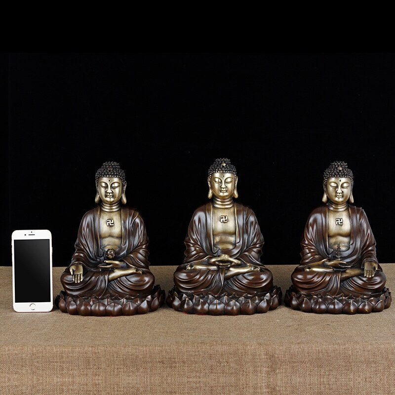 Thumbnail: Amitabha, Sakyamuni, and Medicine Buddha - Brass Triratna Buddha Statues
