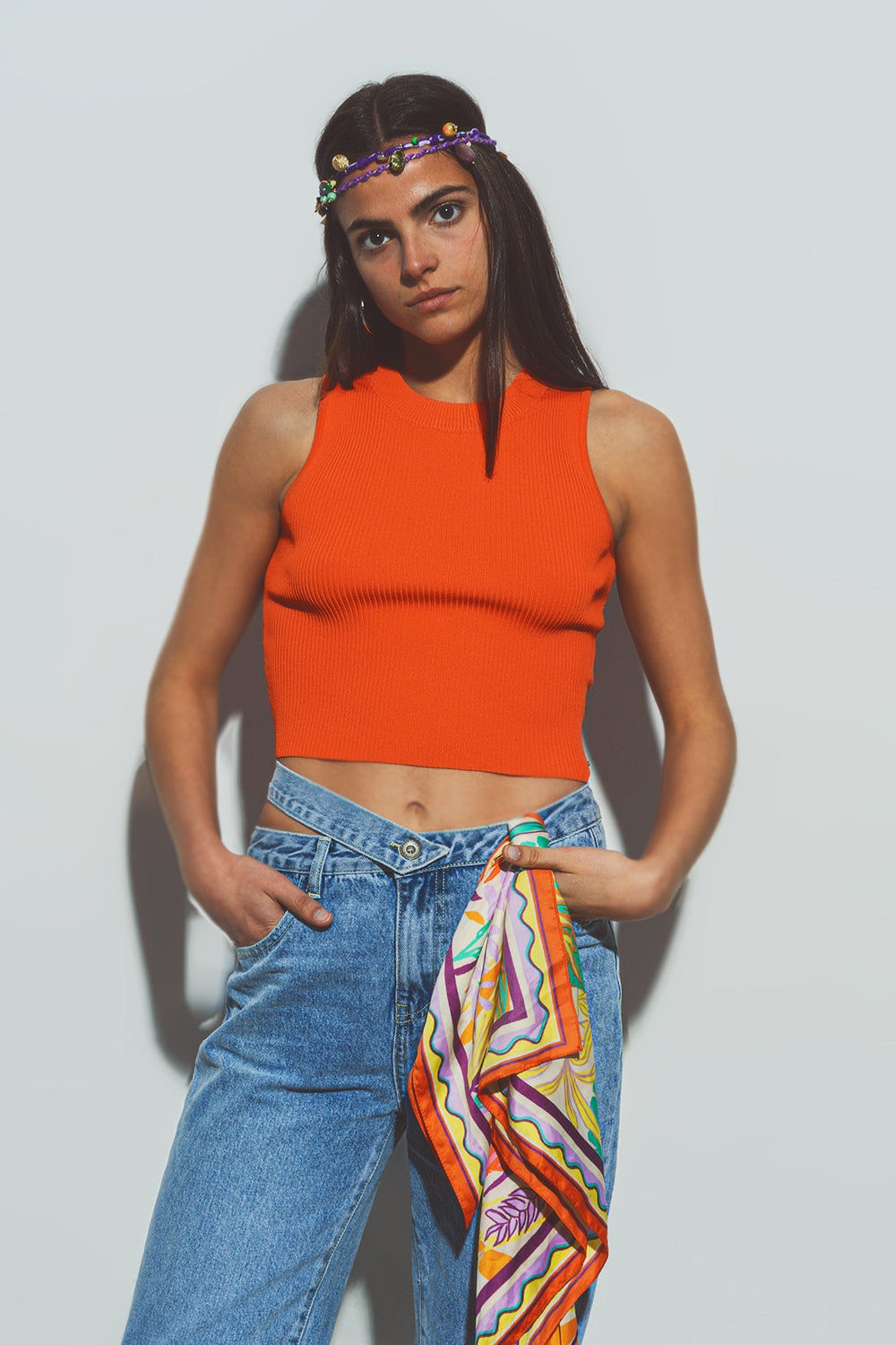 Cropped Knitted Tank Trendy Top in Orange