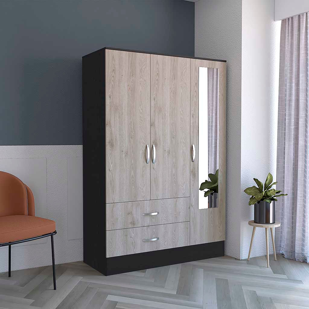 iF. Mirrored Armoire: 2 Door Cabinet, 2 Drawers, Rods - Black / Light Gray #Dra.
