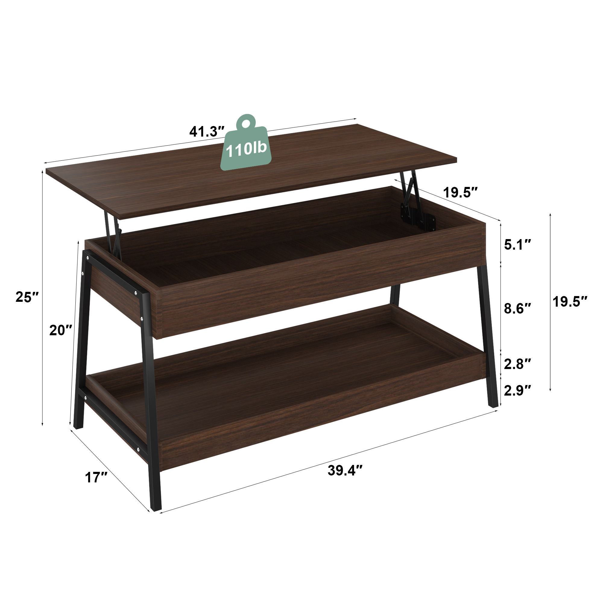 Lift Top Coffee Table with Storage Shelves and Hidden Compartment for Living Roo
