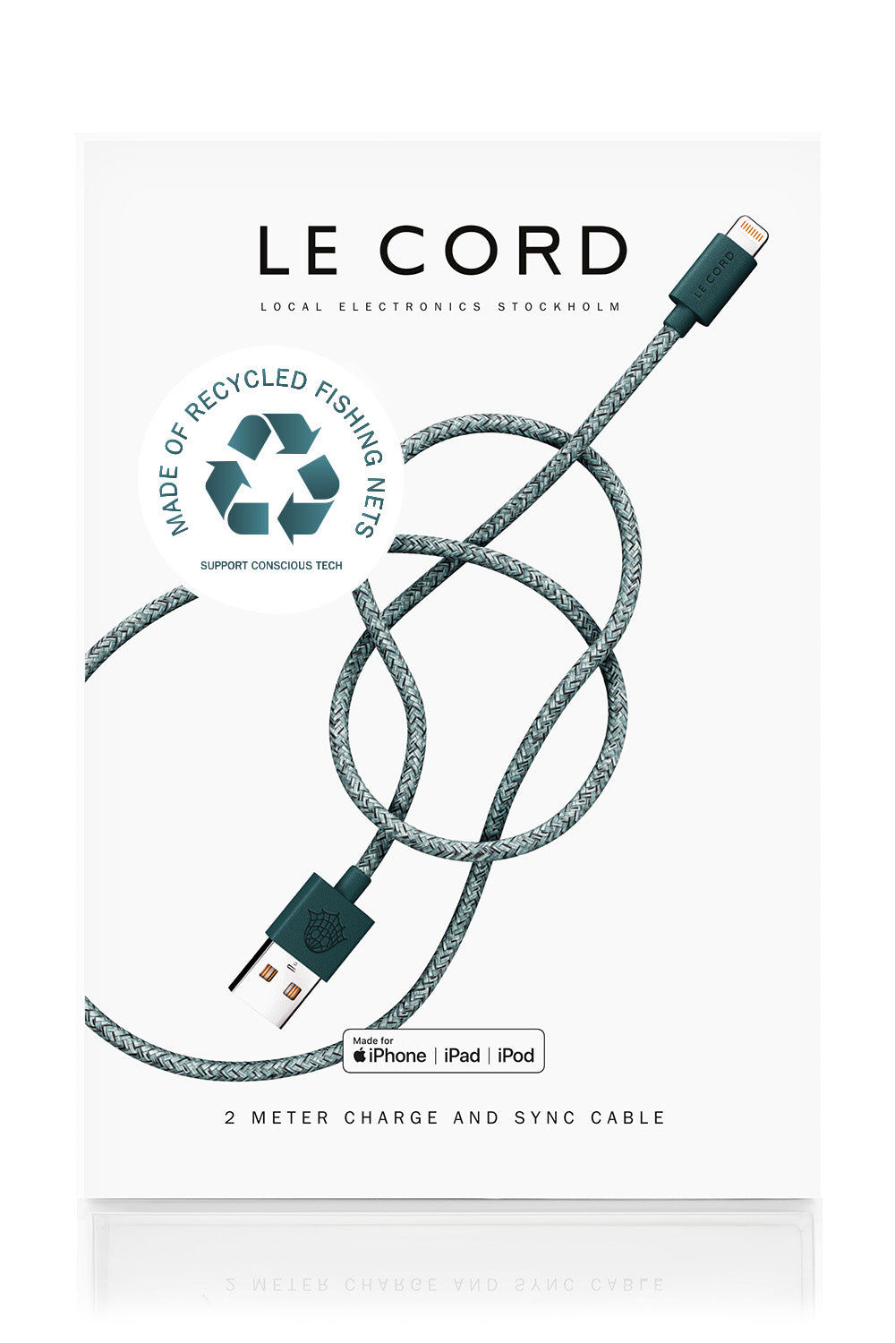 📲 Green iPhone Lightning Cable ♻️ Made of Recycled Fishing Nets, 2 Meter