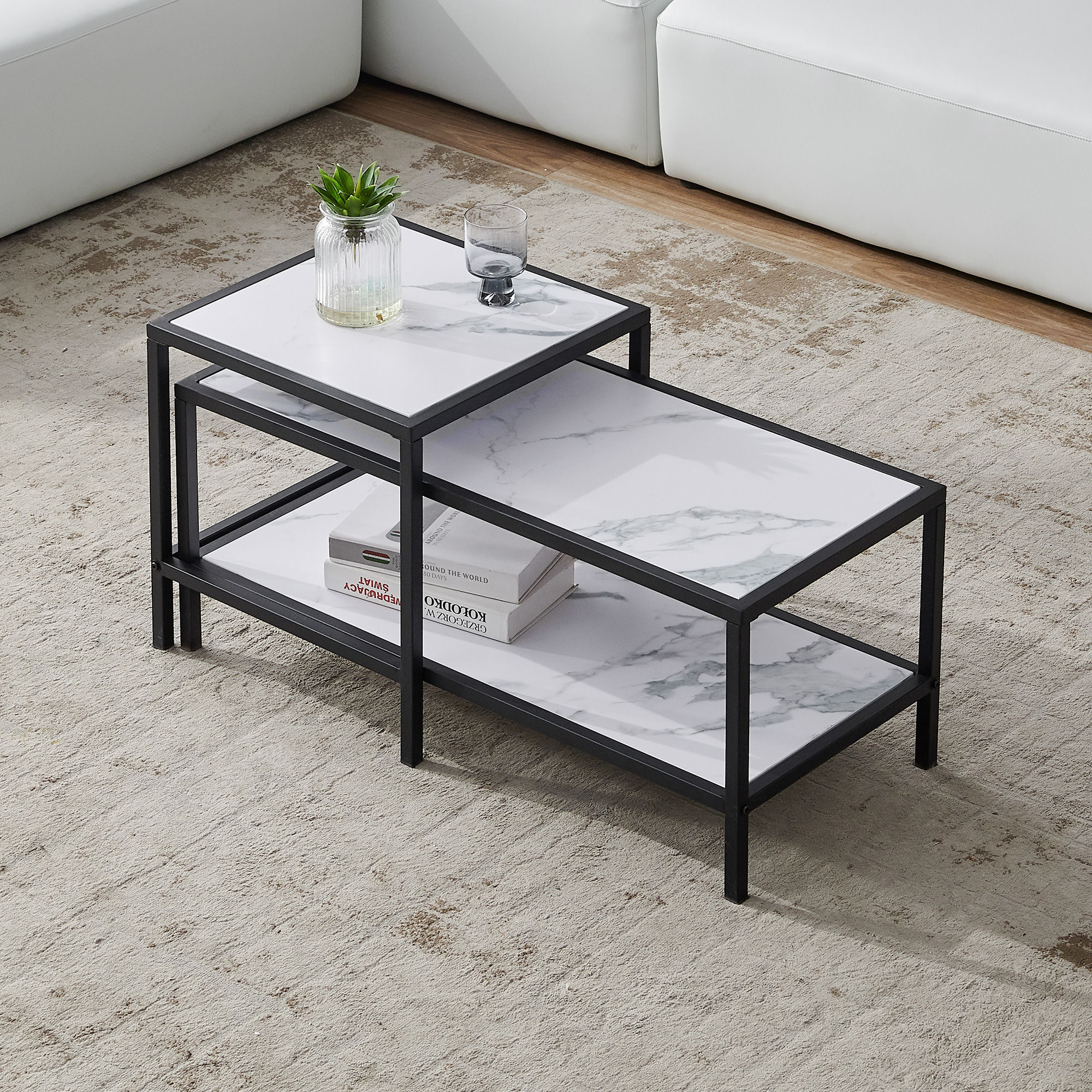 Modern Nesting coffee table Square & rectangle,Black metal frame with wood marbl