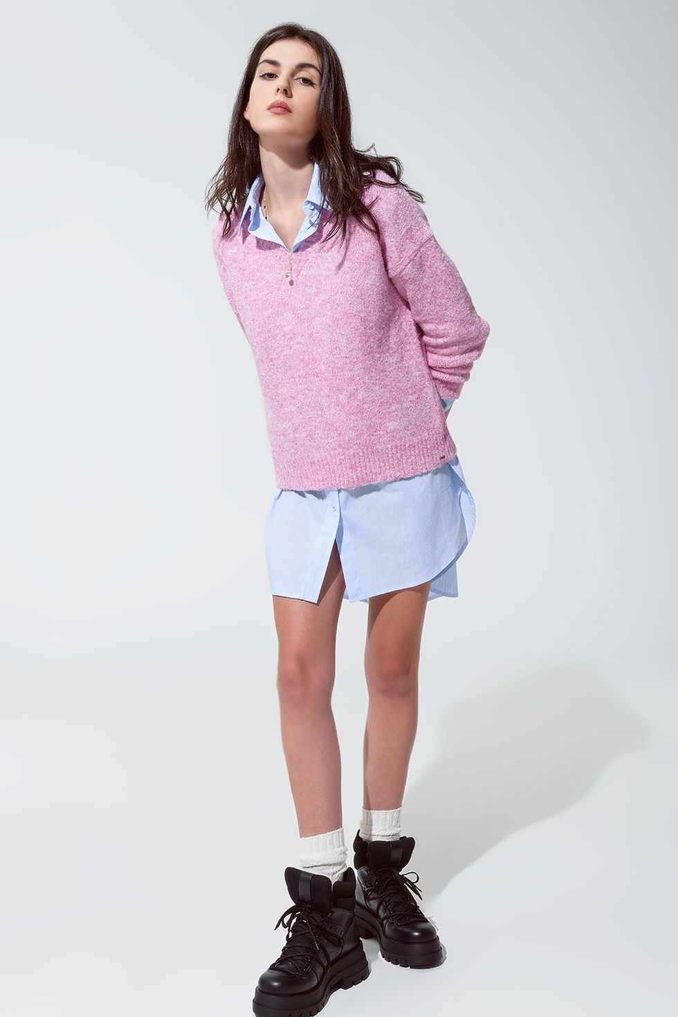 Thumbnail: 👚 Chic Sweater: Pink Fluffy Knit, v Neck