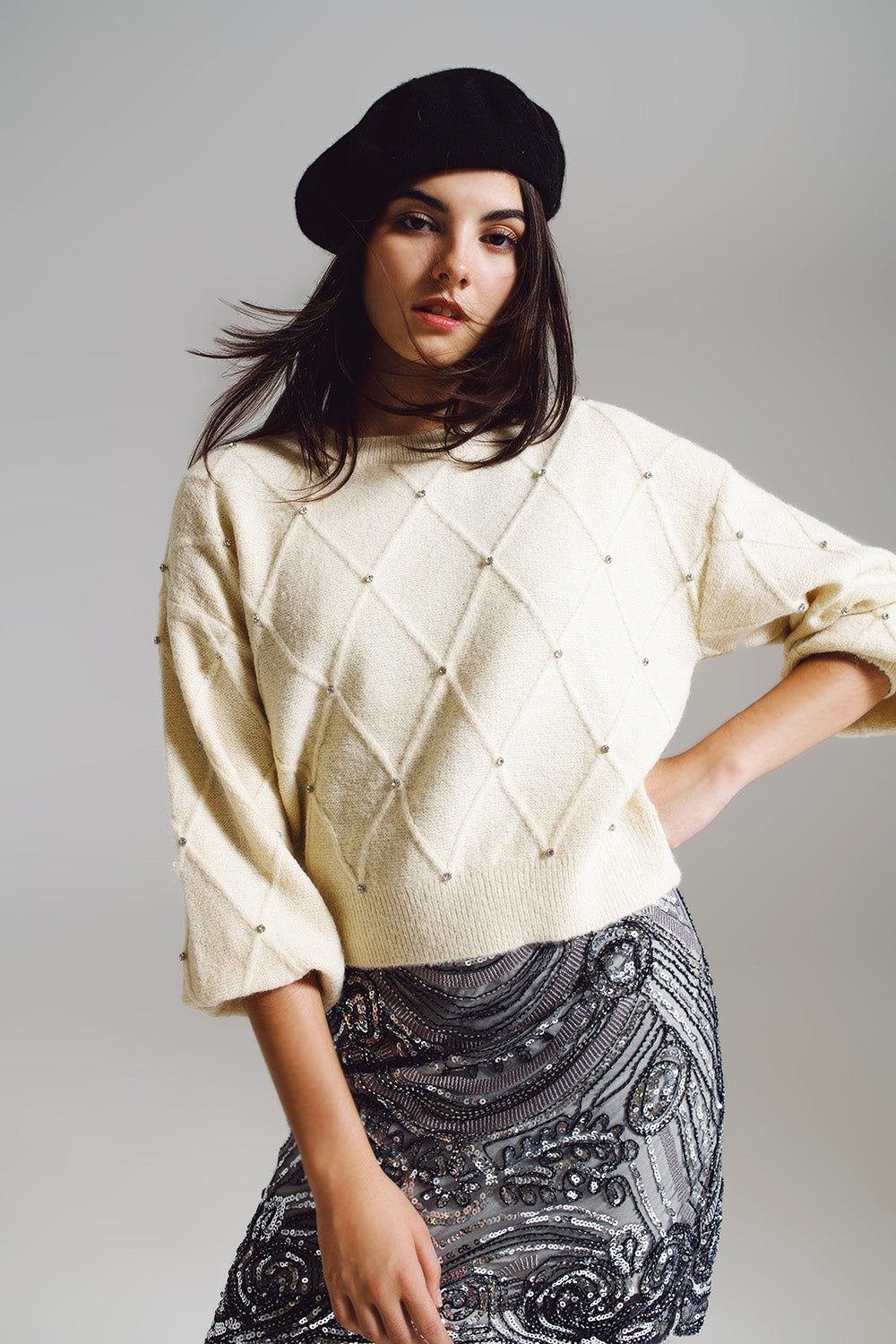 👚 Chic Sweater: Argyle Knit, Embellished Details, Cream