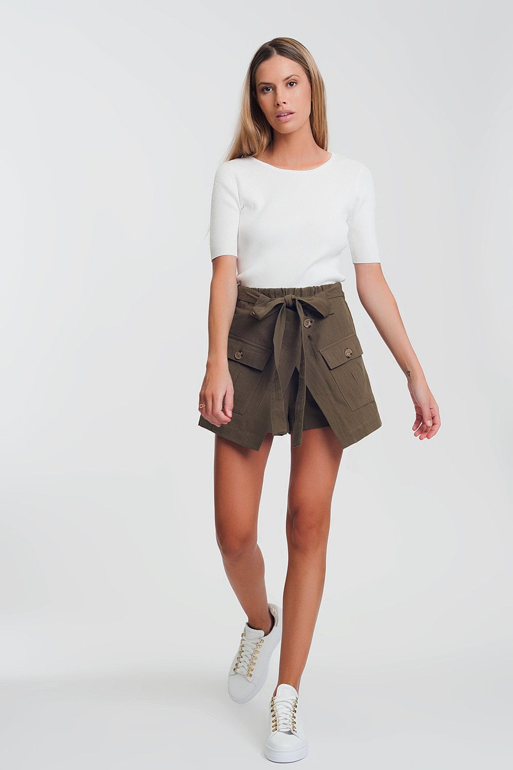 Trendy Sweater: Rib Knitted Sweater With Tie Back in Cream @jy1.org Clothing
