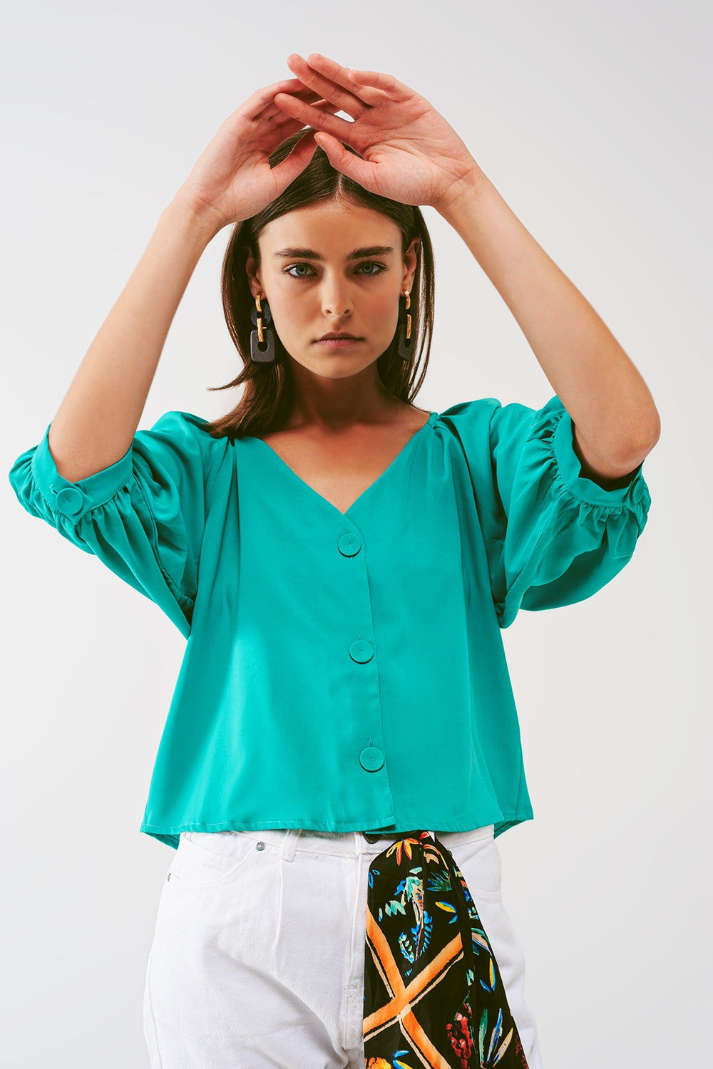 Cropped Button Through Trendy Shirt in Green