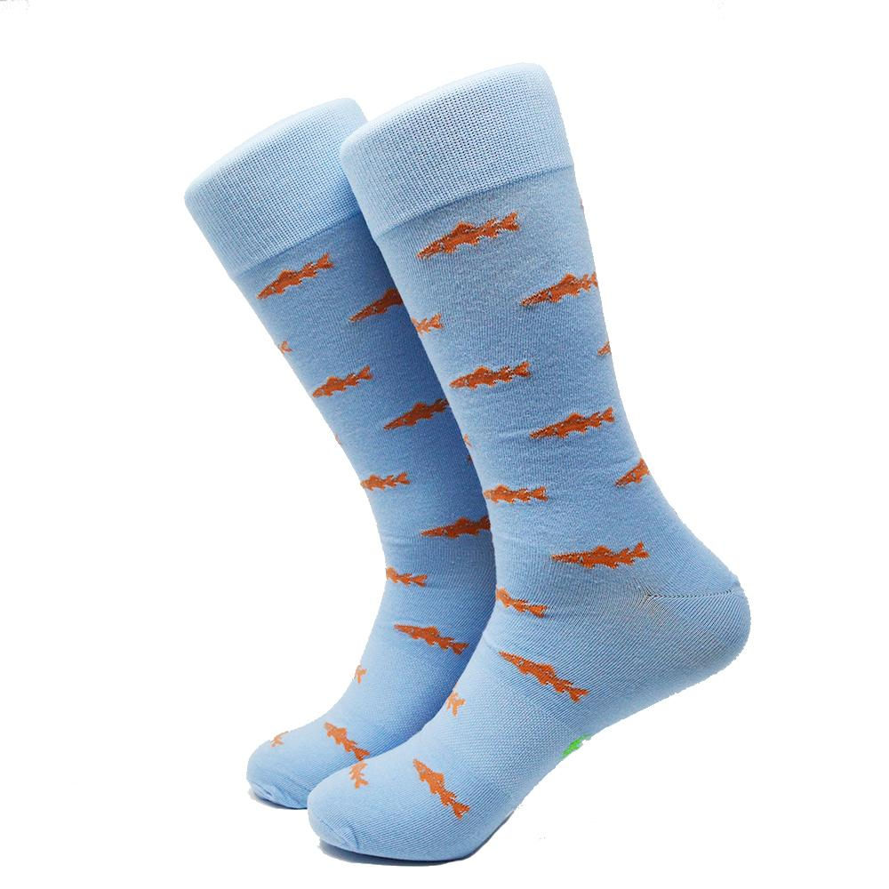 Trout Socks - ♂️ Orange on Light Blue - Men's Mid Calf