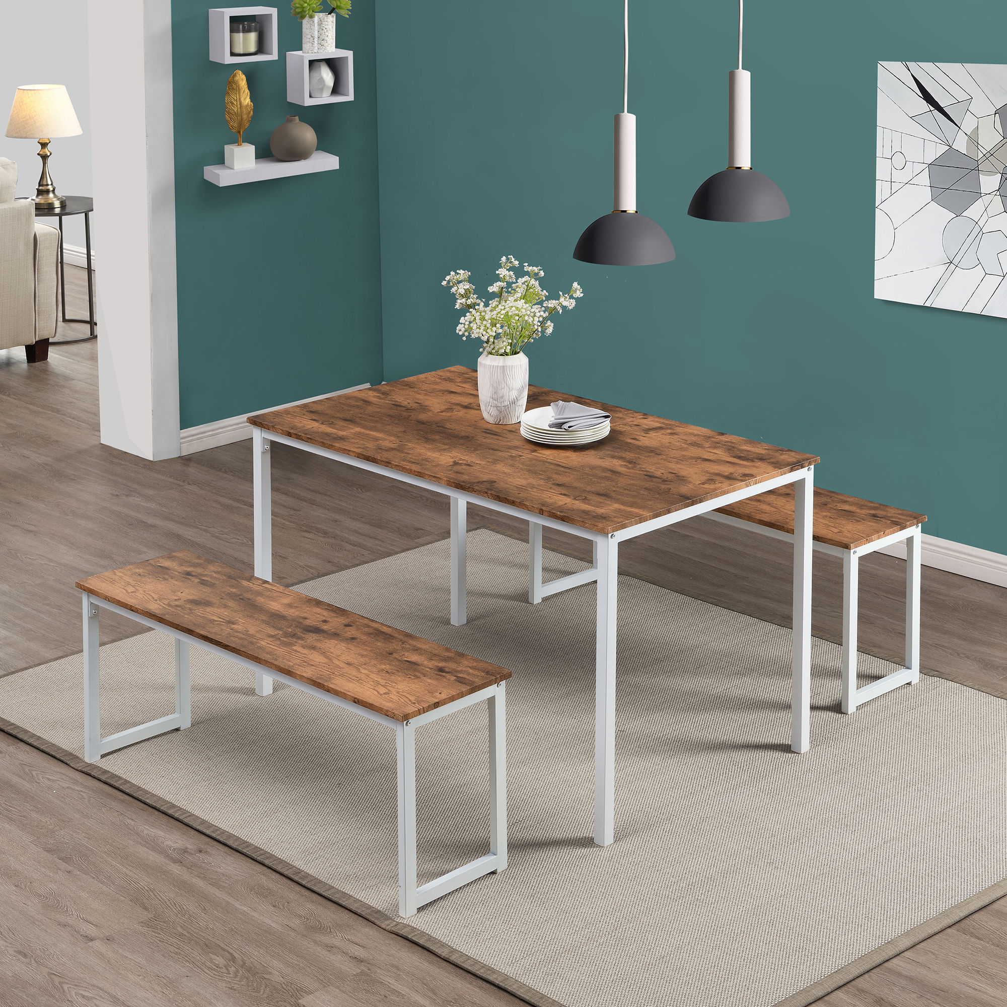 3 Piece Dining Set, Kitchen Table with Benches