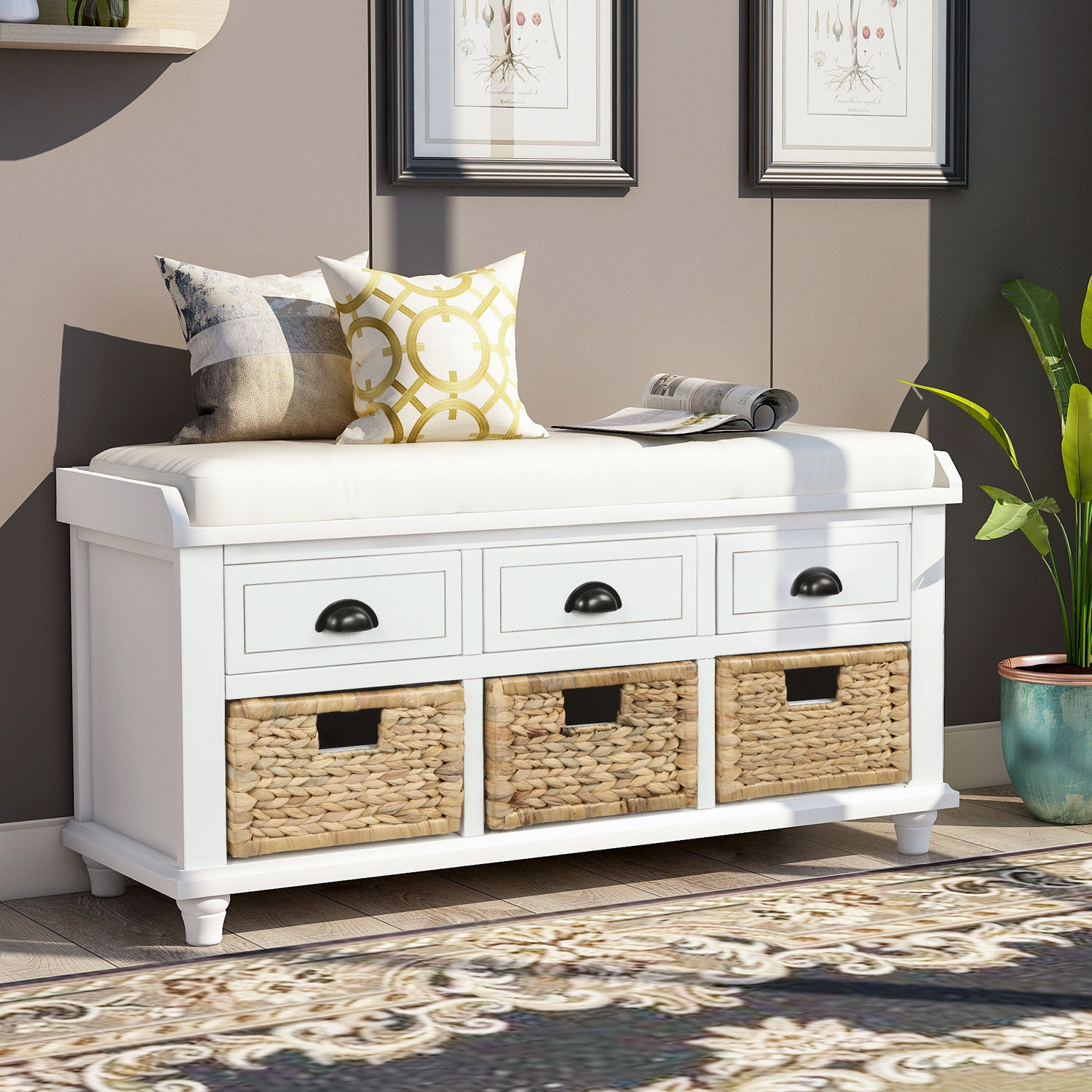 Rustic Storage Bench with 3 Drawers and 3 Rattan Baskets, Shoe Bench for Living