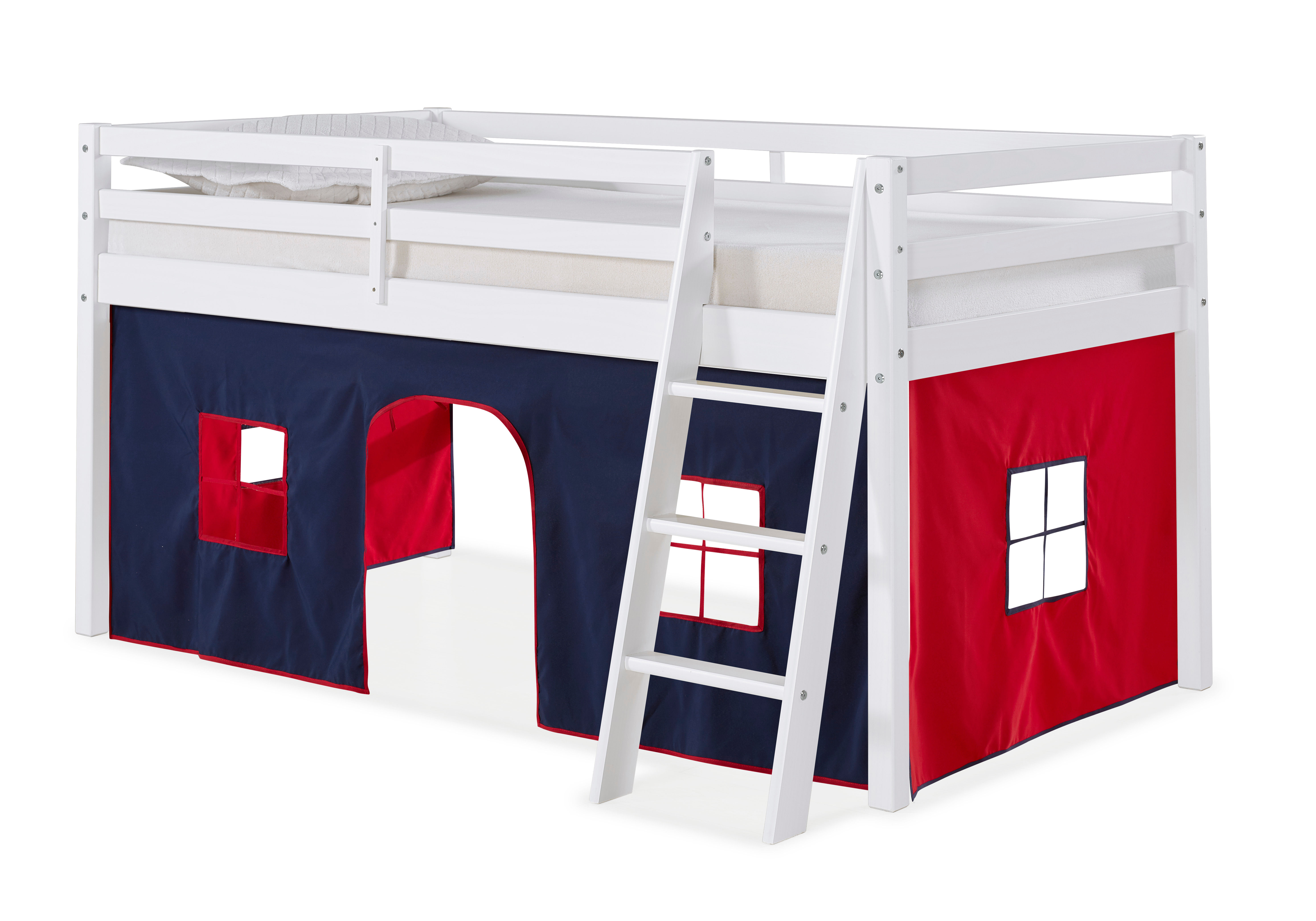 Roxy Twin Wood Junior Loft Bed with White with Blue and Red Tent