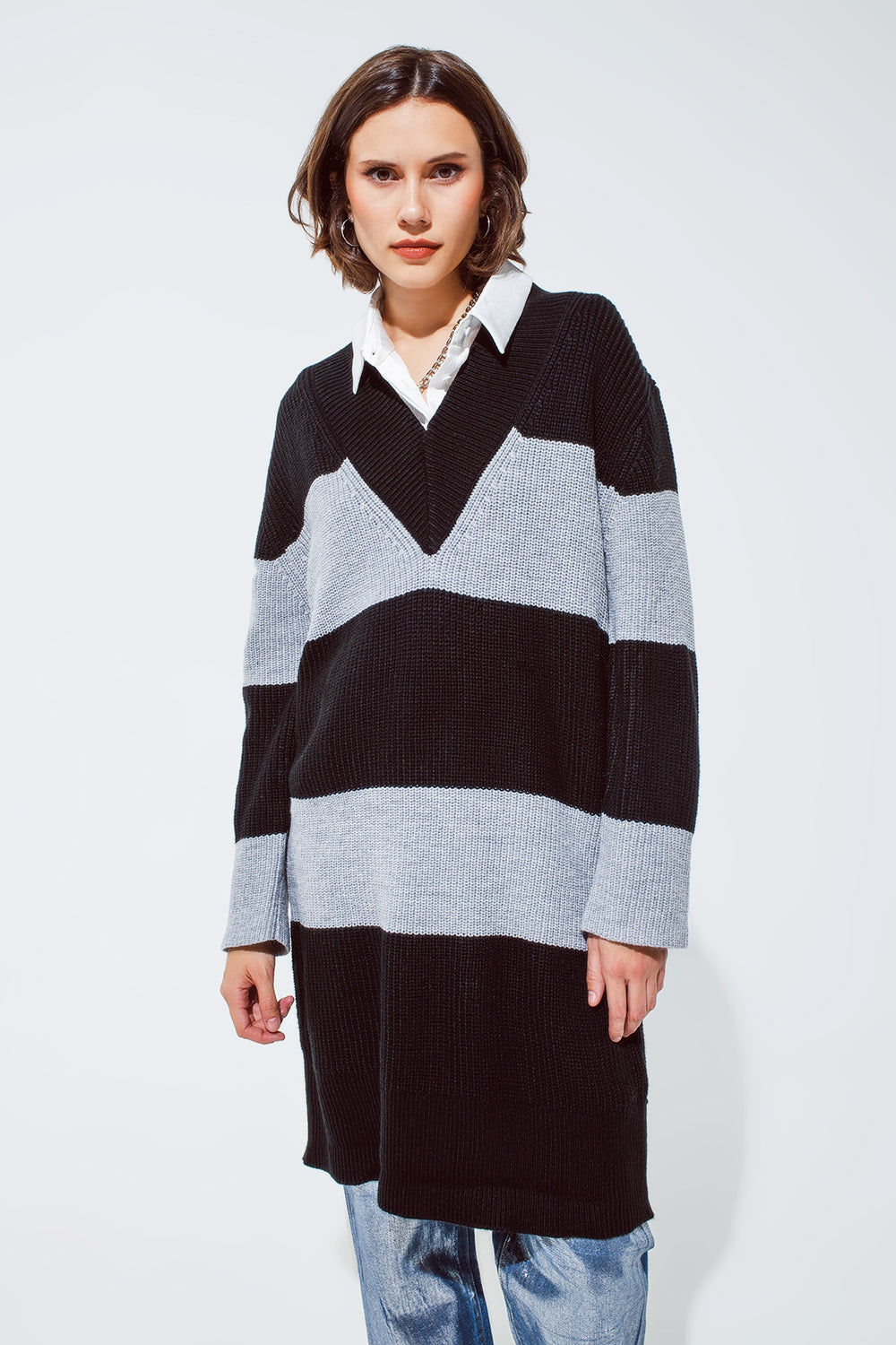 Oversized MIDI Knitted Trendy Dress With Stripes and a Wide v Neck