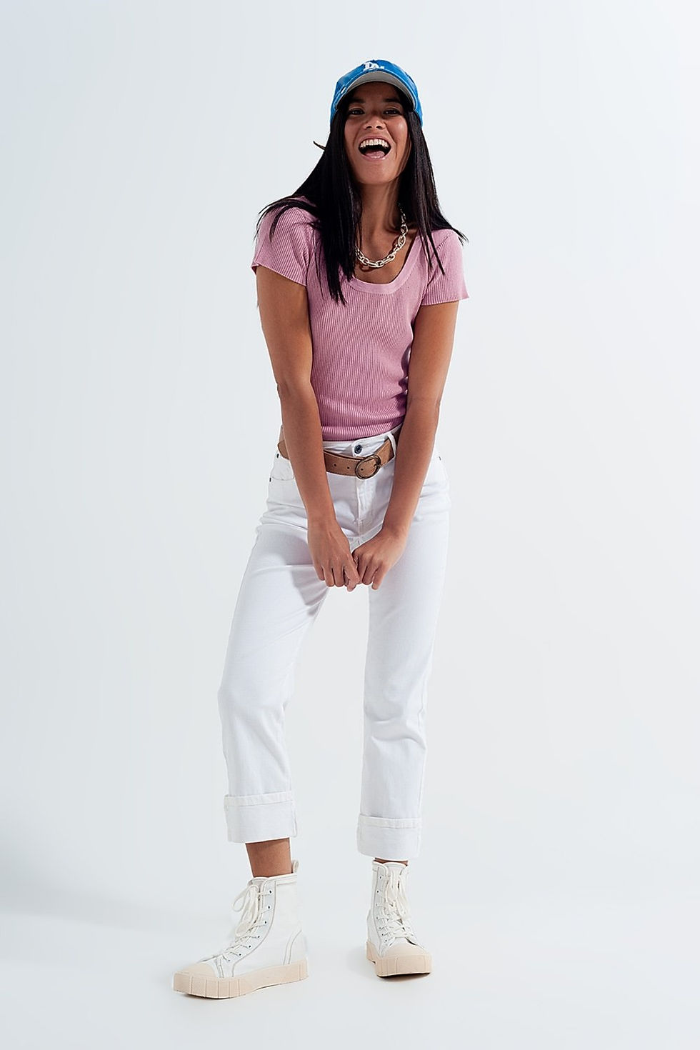 थंबनेल: Knitted Fit Rib Crew Neck Sweater in Pink @ jy1.org Trendy Clothing