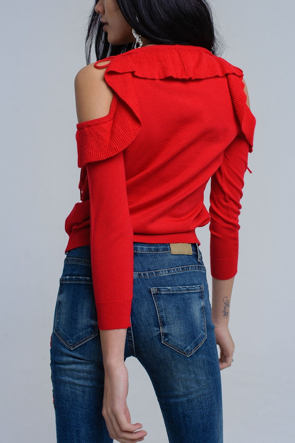 Miniaturbild: Red Trendy Sweater With Ruffle Detail at Front