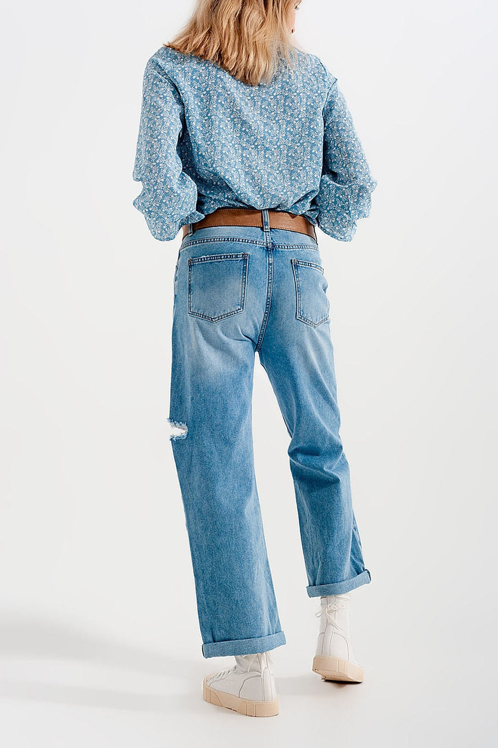 Miniatura: Wide Leg Jean With Knee Rips Washed Blue