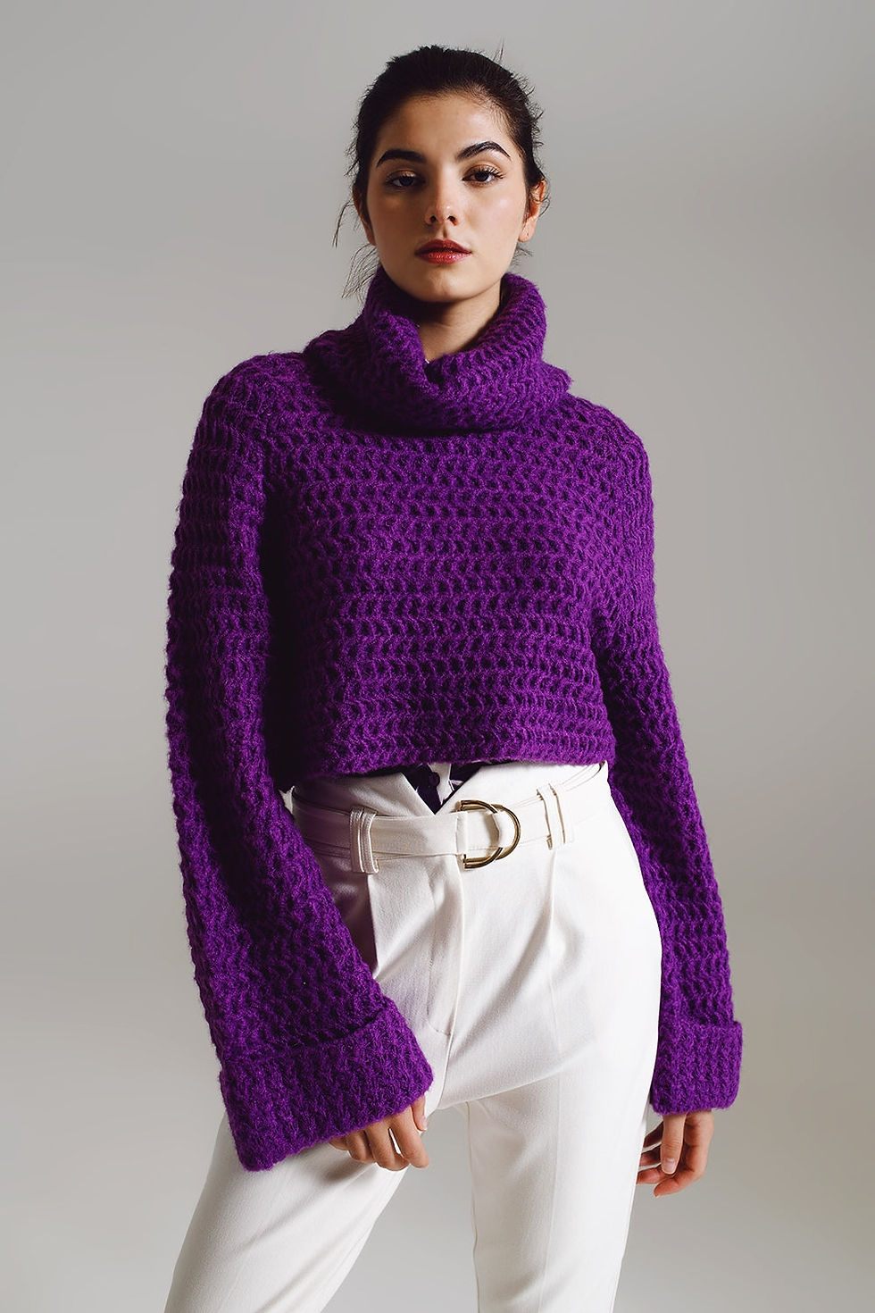 Thumbnail: ♀️ Waffle Knit Trendy Jumper with Turtleneck & Rolled Cuffs in Purple