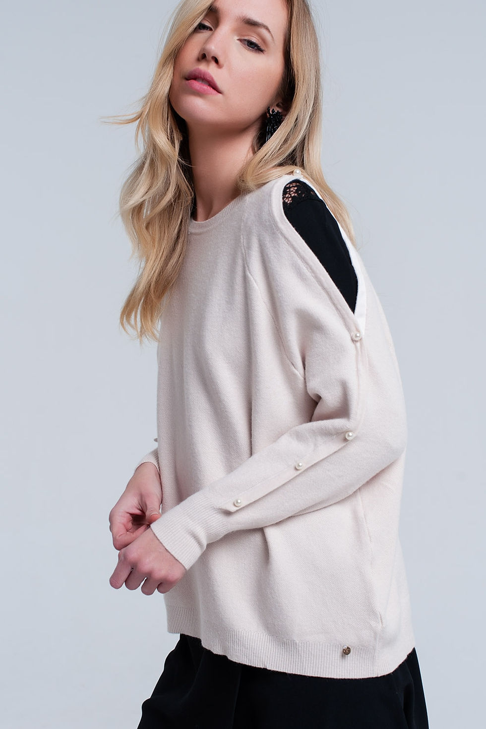 Thumbnail: Pink Pale Knitted Sweater With Pearl Detail @ jy1.org Trendy Clothing